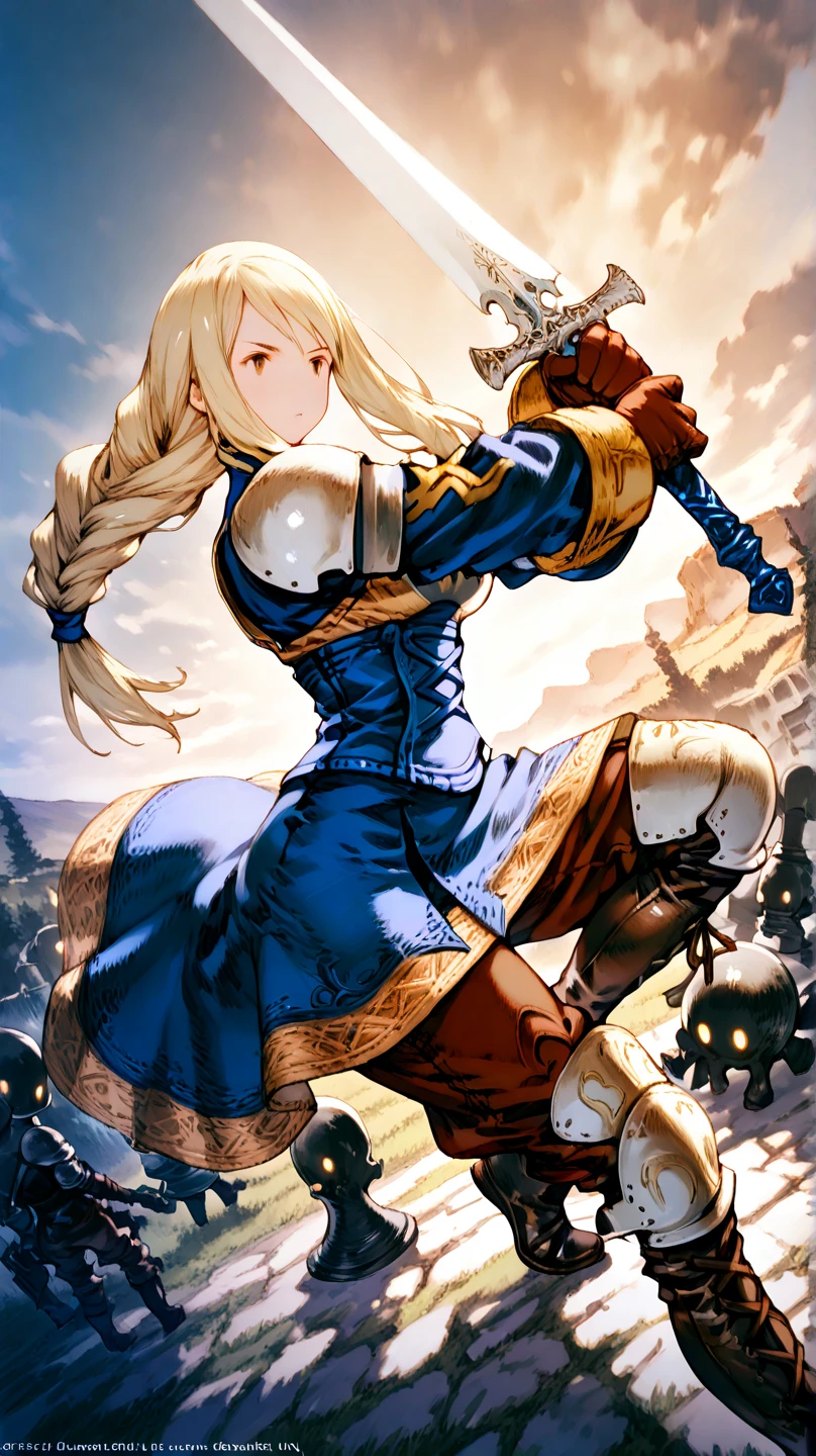 Art by Akihiko Yoshida,, BREAK ,solo,1girl\(Agrias Oaks\(Final Fantasy Tactics\), blonde hair, braided ponytail,brown eyes,shoulder armor, armor, corset,(brown pants:1.3), knee pads, blue dress, brown gloves, pants, cross-laced boots,big breast,dynamic pose,fighting stance,dynamic angle,(holding 1long sword\(devine,european style sword,glowing blue\):1.4)\), BREAK ,background\(battlefield of europe,soldiers in war,surrounded by enemy soldiers),long shot,dynamic angle,very aesthetic, high definition, amazing quality, masterpiece, best quality, very aesthetic, highres, absurdres