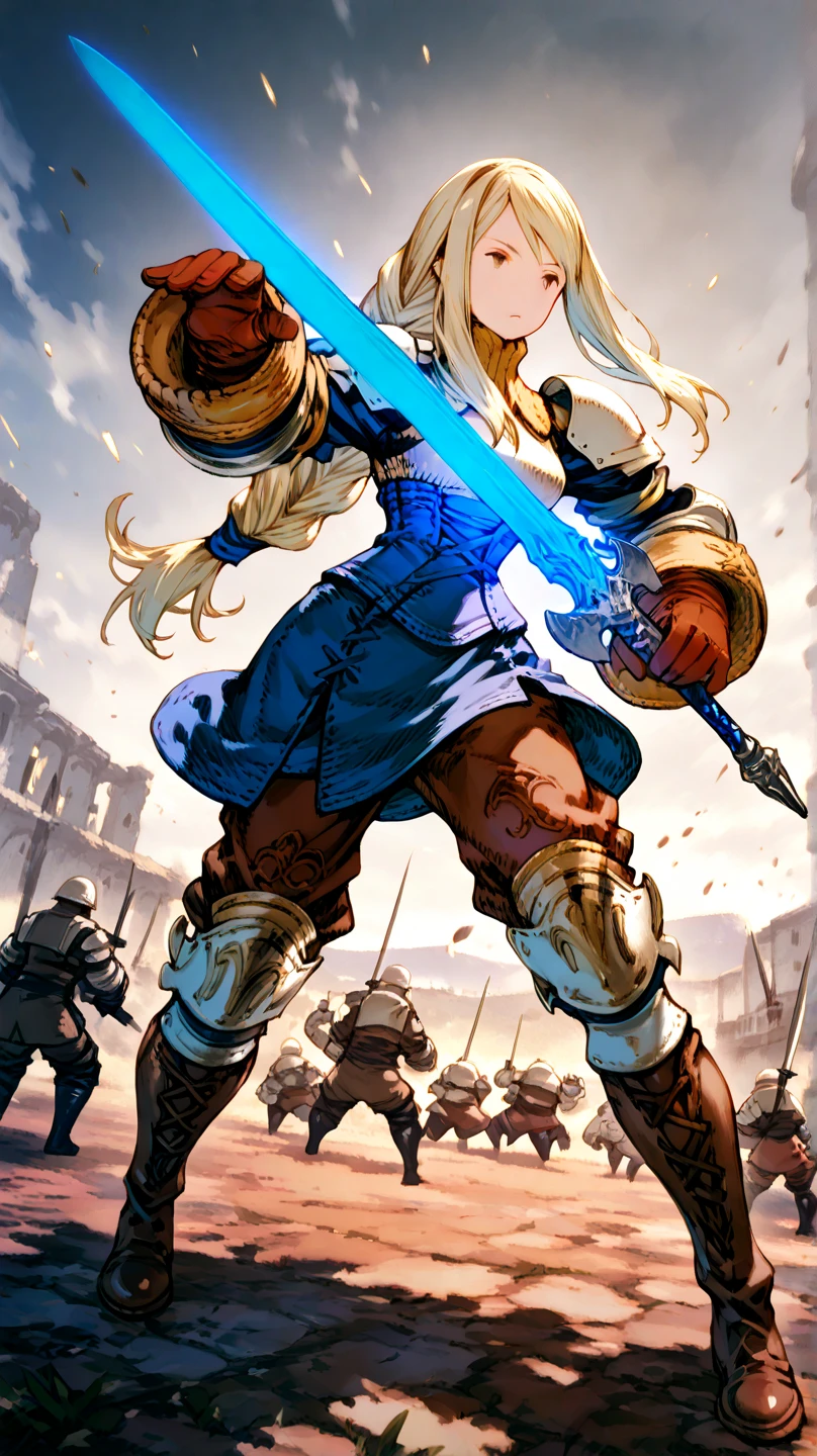 Art by Akihiko Yoshida,, BREAK ,solo,1girl\(Agrias Oaks\(Final Fantasy Tactics\), blonde hair, braided ponytail,brown eyes,shoulder armor, armor, corset,(brown pants:1.3), knee pads, blue dress, brown gloves, pants, cross-laced boots,big breast,dynamic pose,fighting stance,dynamic angle,(holding 1long sword\(devine,european style sword,glowing blue\):1.4)\), BREAK ,background\(battlefield of europe,soldiers in war,surrounded by enemy soldiers),long shot,dynamic angle,very aesthetic, high definition, amazing quality, masterpiece, best quality, very aesthetic, highres, absurdres