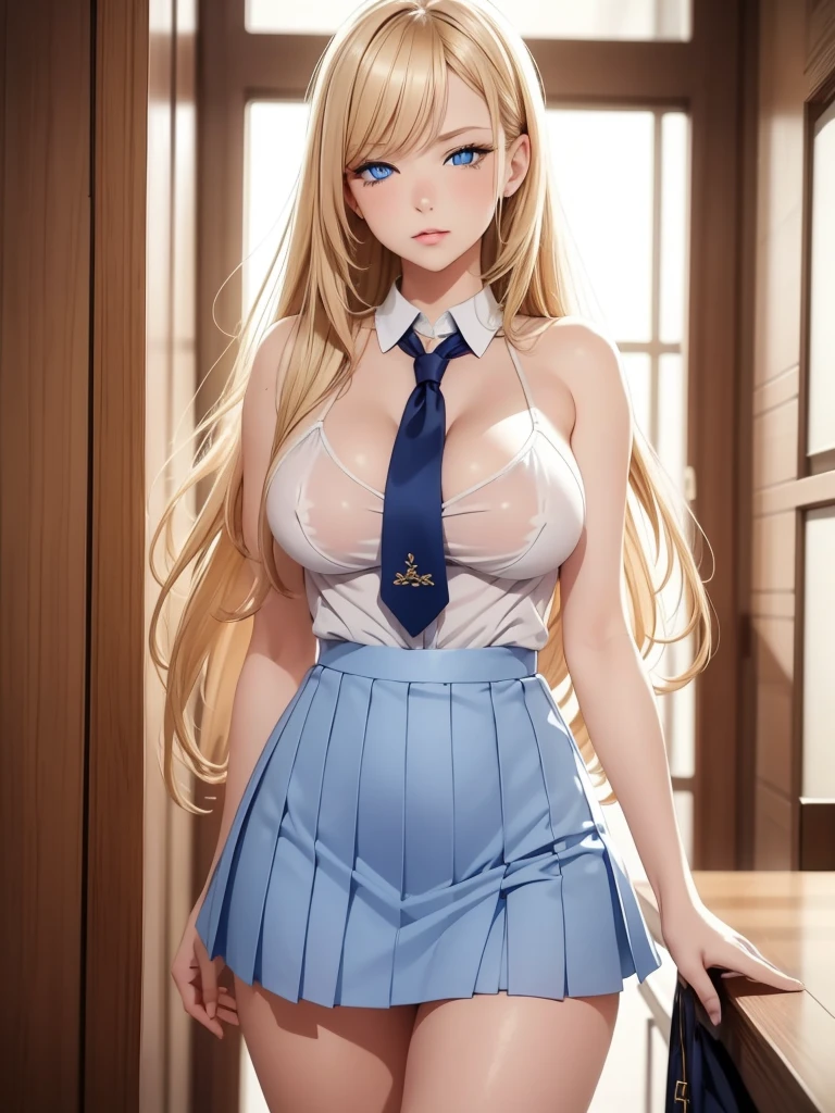 (masterpiece:1.2), (highest quality:1.2), detailed face、perfect body、unparalleled beauty、Curvy but slender body, perfect eyes, perfect face, perfect lighting, 1 girl, Detailed castle background、long hair, curly hair, fine clothes, Bright and beautiful face、young shiny glossy white shiny skin、the best beauty、the most beautiful bright blonde hair in the world、thin hair、super long straight hair、Shining beautiful bangs、Shining crystal clear big blue eyes、Very beautiful lovely 17 year old most beautiful girl in the world、big and full breasts、tits、a sexually excited look、(sexy dress with elaborate decoration)、spread your legs wide、((She lifts up her skirt and shows her panties、I'm seducing you、I'm inviting you to have sex))