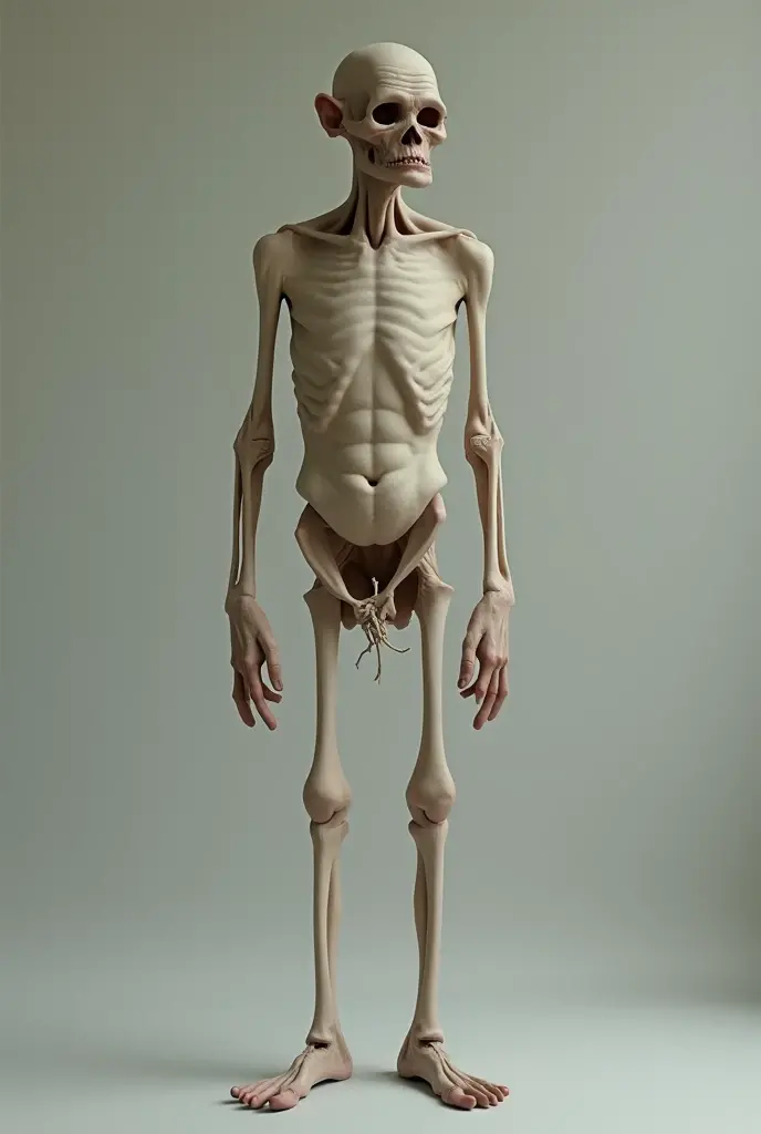 A very skinny Indonesian man standing upright without a shirt. His ribs and collarbones are prominently visible, and his arms and chest are extremely thin. His abdomen is concave, with his hip bones jutting out sharply. The skin is linked over his skeletal frame, highlighting his frail physique. The background mattress, ensuring that the focus remains on the man's extremely thin body