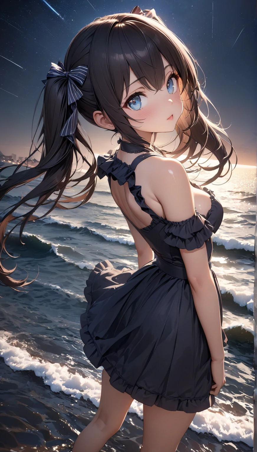 (Best Quality: 1.5), (Ultra Detail: 1.5), (Best Quality Photo: 1.5), ocean as far as the eye can see, horizon, pitch black sea, full moon night, rainbow, midnight, scenic, beautiful landscape, galaxy, nebula, full of stars, particles of light, very delicate and beautiful, very detailed, bioluminescence, cinematic light, mysterious, cinematic angle, 8k resolution, elegant, perfect, smooth, beautiful girl staring into the distance, very cute, smile, (delicate and beautiful eyes: 1.2), (girl: 1.5),lace,ribbon,strapless,luxurious accessories, solo, perfect body, water droplets, transparency,