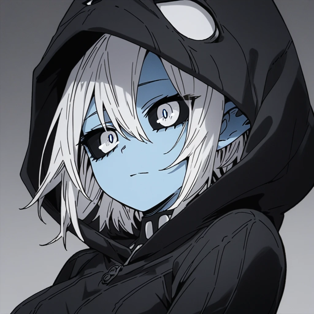  masterpiece,  best quality, newer, absurdres, 1 girl, rasgos finos, short hair,  white hair ,  Hair between eyes ,  colored leather ,  blue skin ,  medium breasts,  Hair in front of the ears, Half closed eyes,white eyes, Black sclera, highres, animal costume ,black costume[color negro, ojos blancos, Dientes filoso], Hood up  ((ojos de reptil) ), Desde arriba