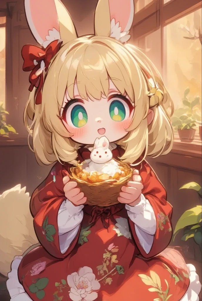 1girl, (furry, kemono:1.4), rabbit girl, animal nose, rabbit ears, rabbit tail, blonde hair, green eyes, ahoge, chopsticks, blush, hair intakes, hair between eyes, hair bun, single hair bun, braid, breasts, japanese clothes, kimono, wide sleeves, hair ribbon, long sleeves, floral print, looking at viewer, food, eating, mochi, bowl, bow, solo, holding, upper body, red kimono, red ribbon, mochi trail, holding chopsticks, new year greetings,