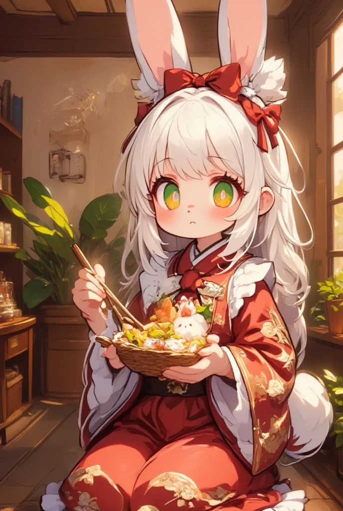 1girl, (furry, kemono:1.4), rabbit girl, animal nose, rabbit ears, rabbit tail, blonde hair, green eyes, ahoge, chopsticks, blush, hair intakes, hair between eyes, hair bun, single hair bun, braid, breasts, japanese clothes, kimono, wide sleeves, hair ribbon, long sleeves, floral print, looking at viewer, food, eating, mochi, bowl, bow, solo, holding, upper body, red kimono, red ribbon, mochi trail, holding chopsticks, new year greetings,