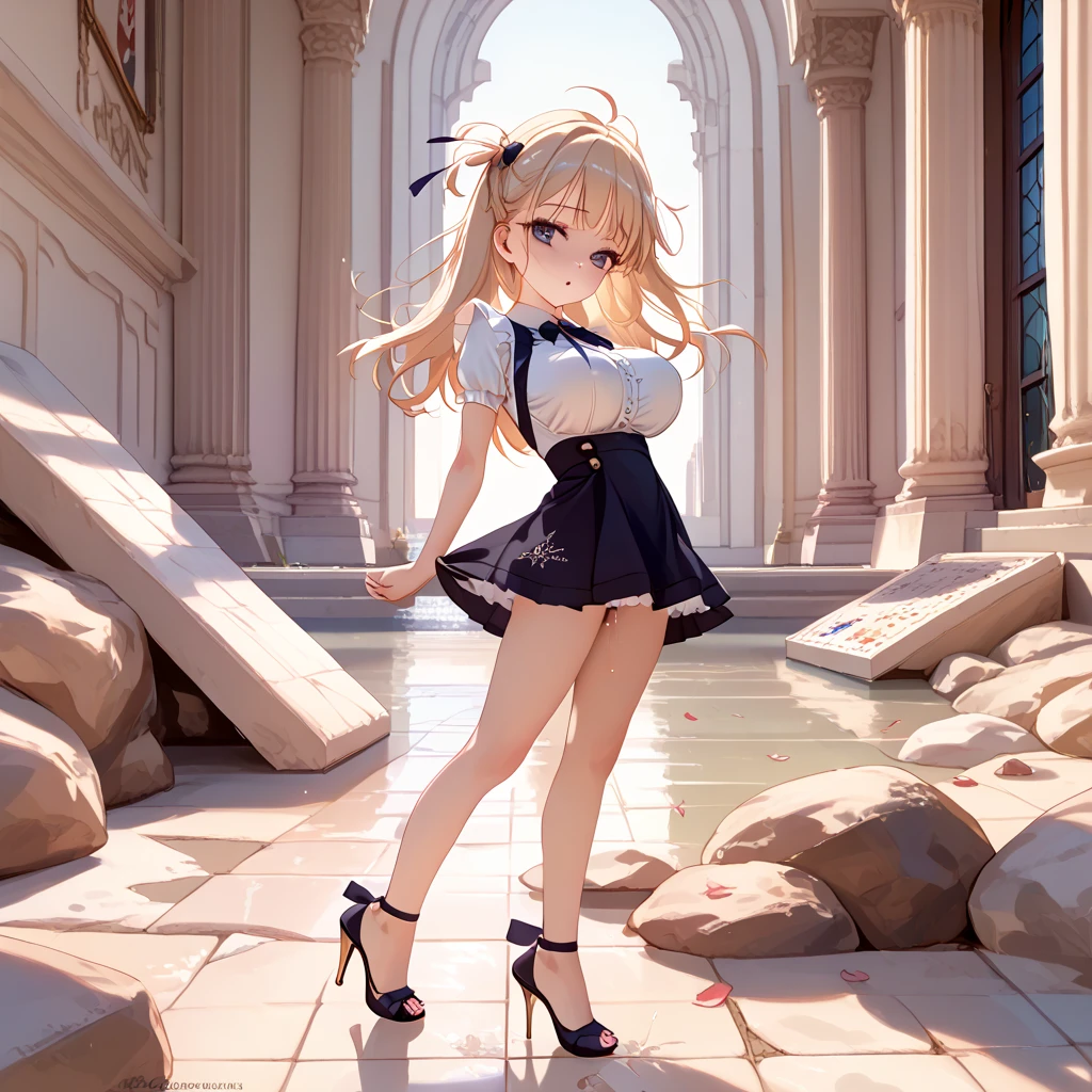 hall of royal palace, landscape, BREAK, beautiful detailed face, ultra high resolution, masterpiece, BREAK, (solo), skinny, (1 petite maid standing), tiptoe, curtsey, (both hands lifting short skirt up to both sides:1.2), arched back, (bouncing breasts), looking at viewer, BREAK, (large breasts), (too short torso:1.2), (too short waist:1.2), (too narrow waist:1.3), (skinny waist), (skinny legs), (long legs), BREAK, (short maid dress), (too short skirt:1.5), stiletto heels, BREAK, nsfw, (show off white panty:1.2), pussy juice, orgasm