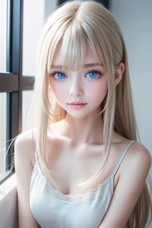 Exceptional sexy beauty、Beautiful, calm and bright expression、Sexy refreshing look、Perfect beautiful pretty face、Very bright, light blue eyes、Short ponytail、Long bangs between the eyes、Long platinum blonde straight hair、Beautiful facial hair、Very cute beautiful sexy young little woman、非常にPerfect beautiful pretty face、Beautiful clear cute eyes