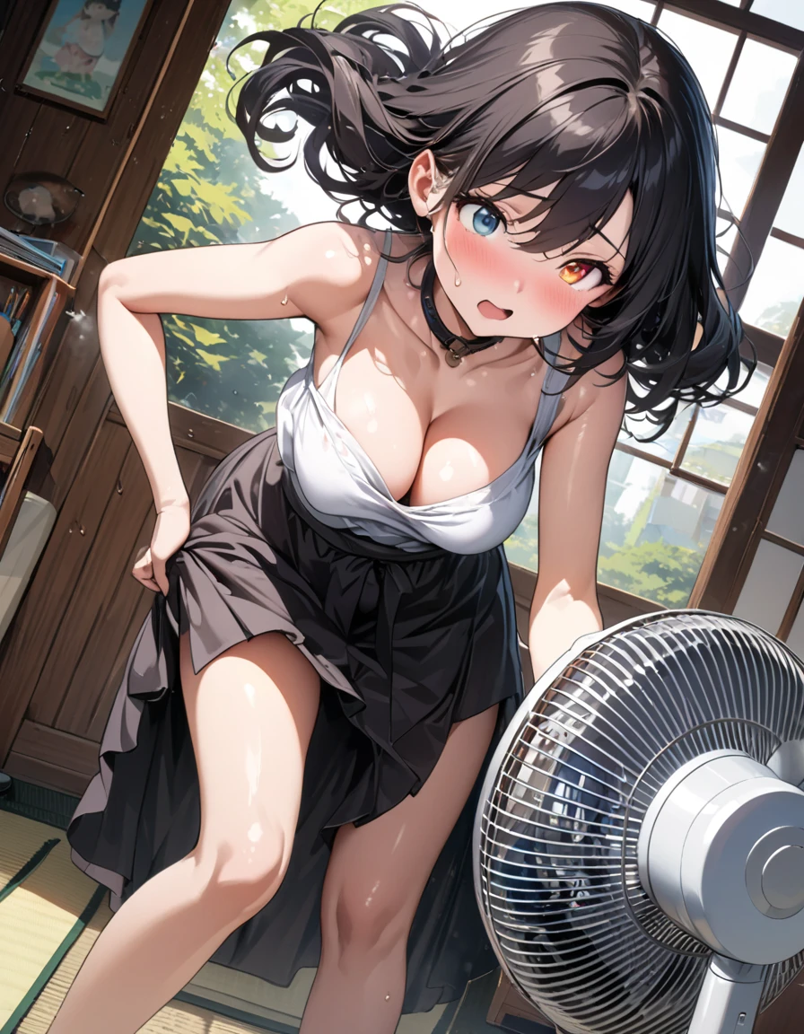 a woman, (angle from below), realistic skin, drooping eyes, (open legs, thin dress, fine-floral-print-dress, luxury designed panties for adults, swollen nipples, rugged high-top-sneakers), (straddling to hit her crotch against (the standing pipe installed on the ground) for masturbation), open mouth, (pubic-hair), short hair, (side of old storeroom in the park in the summer, sweat),