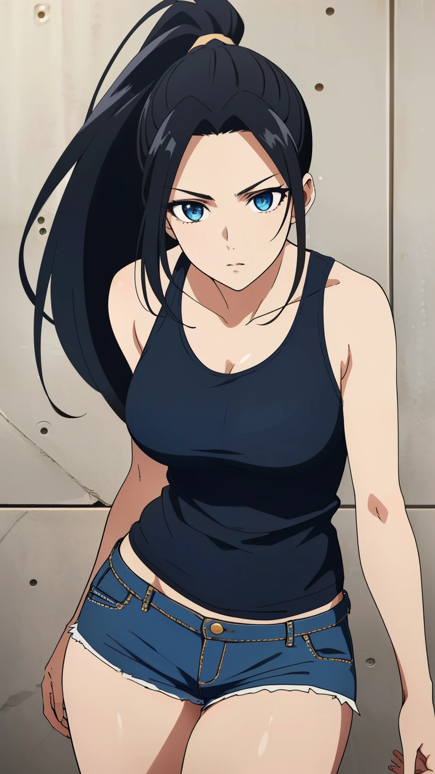 (Top quality, masterpiece, 8k), (Realistic skin texture), (anime coloring), very detailed, perfect face, beautiful eyes, perfect eyes, detailed eyes, feature large highlight, detailed face, ultra-detailed, detailed eyes, symmetrical eyes, (Dynamic angle), (expressionless), Sharp details, 1girl, (Long black hair:1.2), (ponytail:1.2), (20 years old), (mature face:1.4), (medium breasts:1.2), (tank top, shorts, thighs), (cowboy shot:1.5), looking at the viewer,