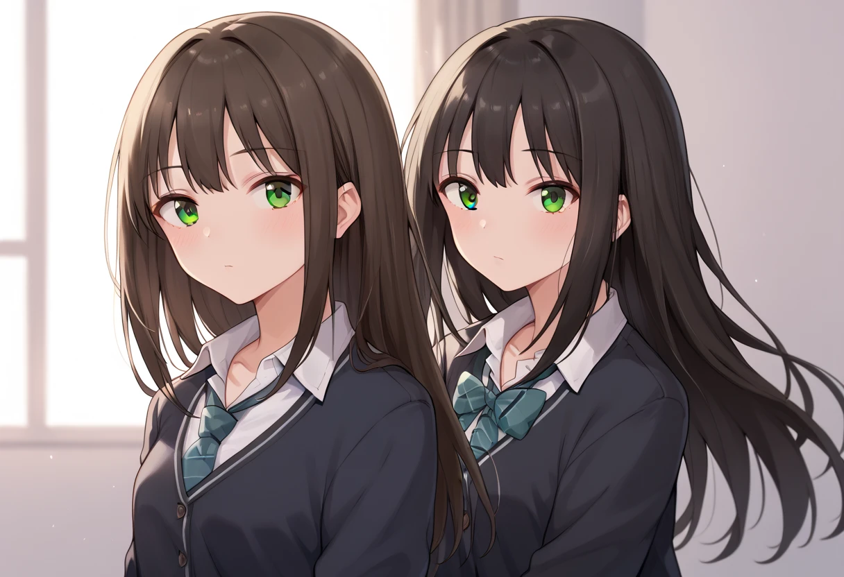 rin shibuya, black hair, green eyes, long hair, school uniform