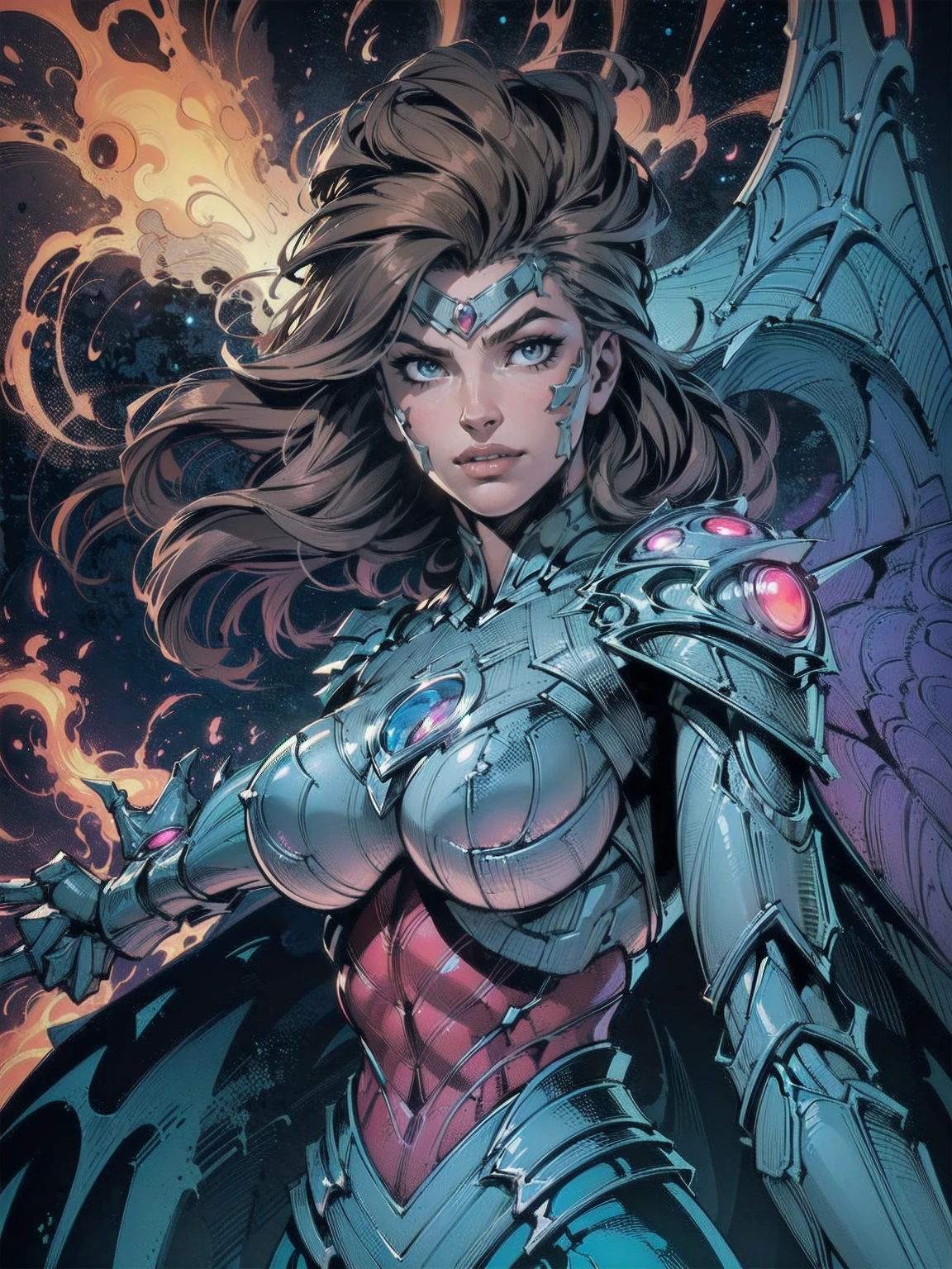 A dynamic and powerful depiction of a female warrior inspired by the Witchblade aesthetic. She has long flowing brown hair and wears an intricate, organic armor that fuses with her skin, glowing with mystical energy. Her pose is confident and commanding, showcasing her supernatural gauntlet-like weapon, which extends into sharp, otherworldly claws. The armor is adorned with sharp edges, bio-mechanical designs, and glowing patterns, emphasizing both elegance and menace. Her eyes glow faintly, hinting at her immense power. The background is stark white, allowing every detail of her form and armor to stand out clearly, creating a striking contrast. upper body, 