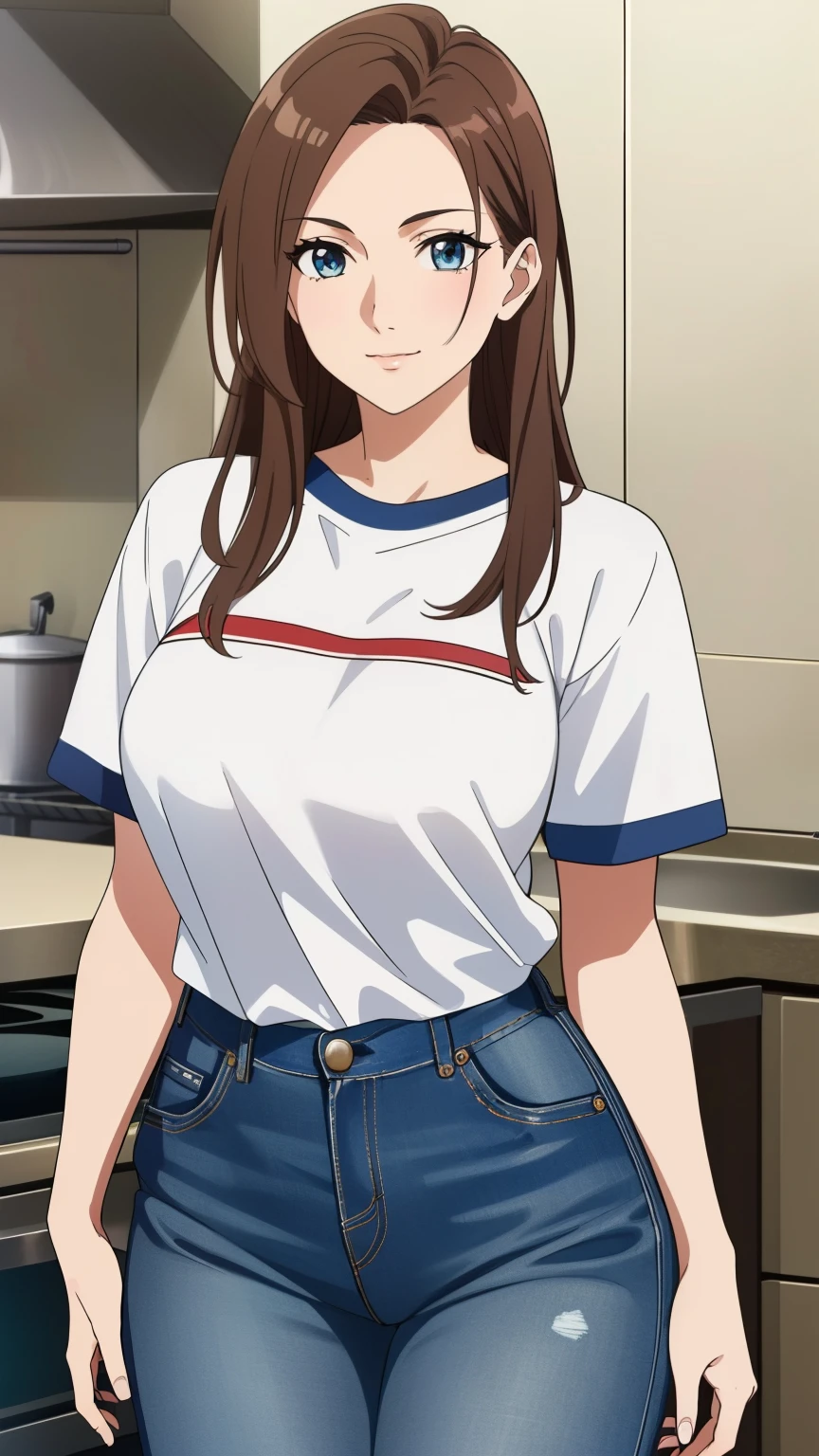 (Top quality, masterpiece, 8k), (Realistic skin texture), (anime coloring), very detailed, perfect face, beautiful eyes, perfect eyes, detailed eyes, feature large highlight, detailed face, ultra-detailed, detailed eyes, symmetrical eyes, (Dynamic angle), (half smile:1.0), Sharp details, 1girl, (long brown hair:1.2), (30 years old), (mature face:1.4), (medium breasts:1.2), (T-shirt, short sleeves, jeans, kitchen), (cowboy shot:1.5), looking at the viewer,