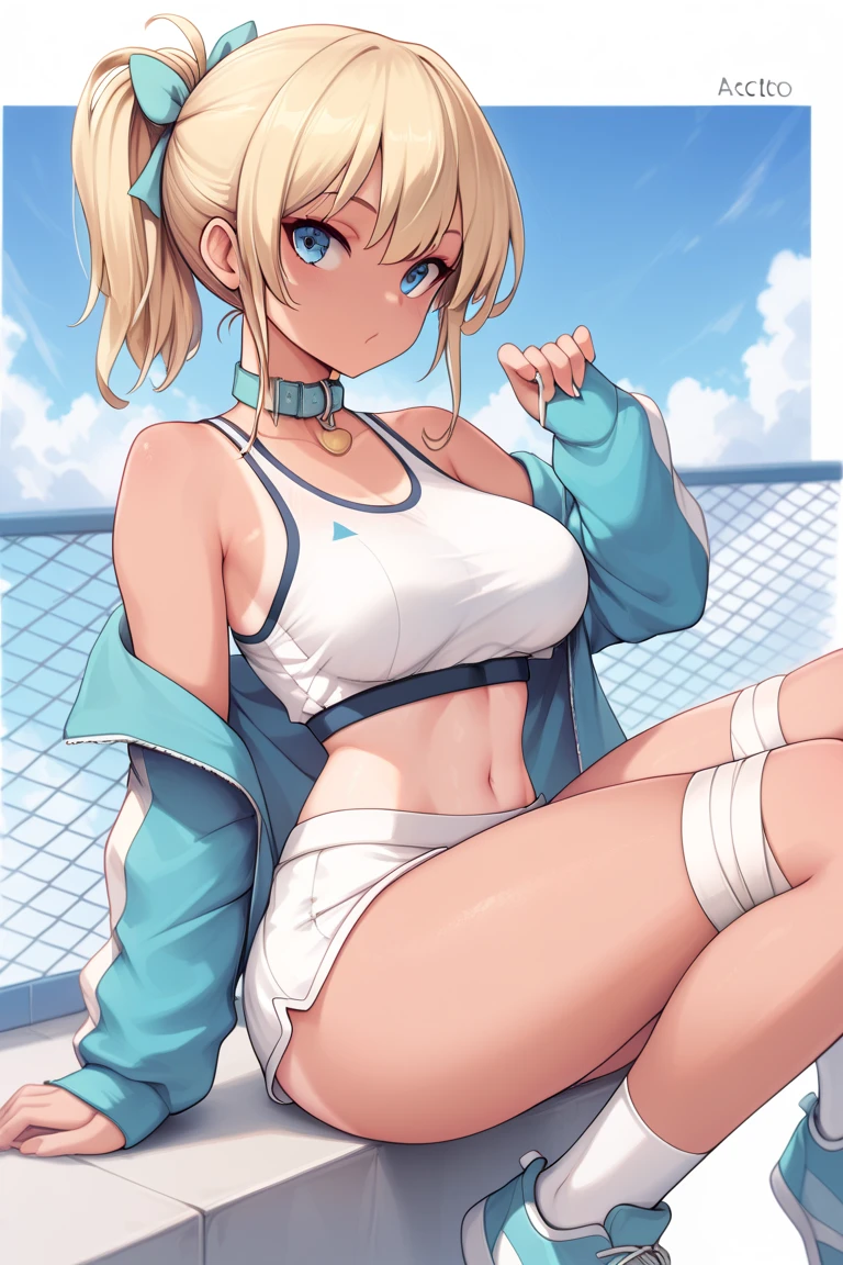 score_9, score_8_up, score_7_up, score_6_up, source_anime, BREAK 1girl, solo, <lora:mordred-pdxl-nvwls-v1-000005:1> casualMord, blonde hair, green eyes, ponytail, necklace, white tube top, strapless,  arms, midriff, belt, short shorts, denim shorts, sitting, from side, sneakers, salute, blue sky, stairs, looking at you, , happy