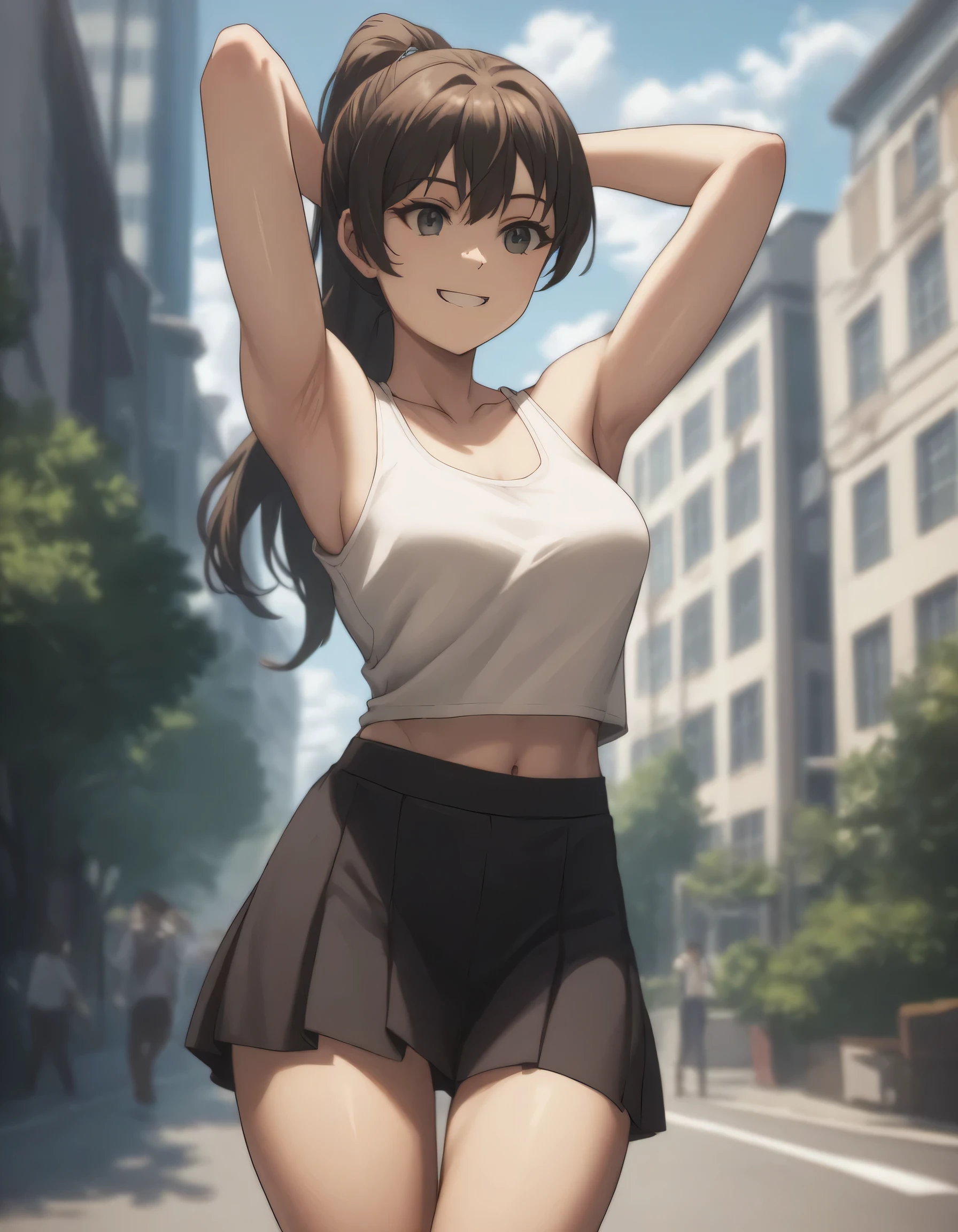 score_9, score_8_up, score_7_up, gsfghtr, ponytail, white tank top, 1girl, smile, (navel), black skirt, building, (armpit), (thigh)