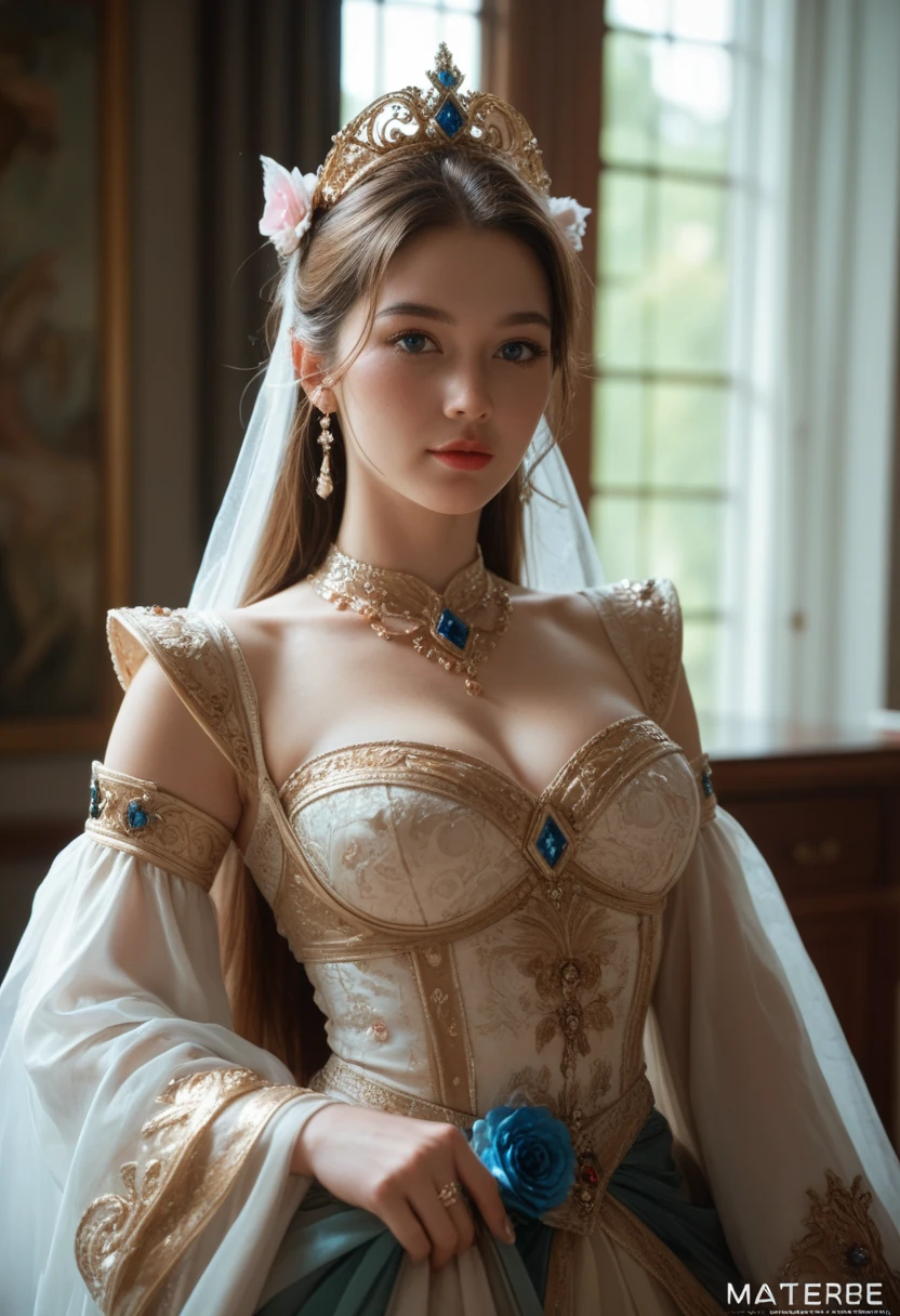 brown hair, fair skin, pale skin, blue eyes, intelligent girl, full cheeks, (((thin eyebrows))), perfect breasts, perceptive eyes, princess with feminine facial features standing in a medieval castle hall, slim, slender, perfect body, lithe figure, (((white dress))), confident seductive smile, seductive eyes, eye contact, deep cleavage, (highly detailed face), pornstar, boobs, topless