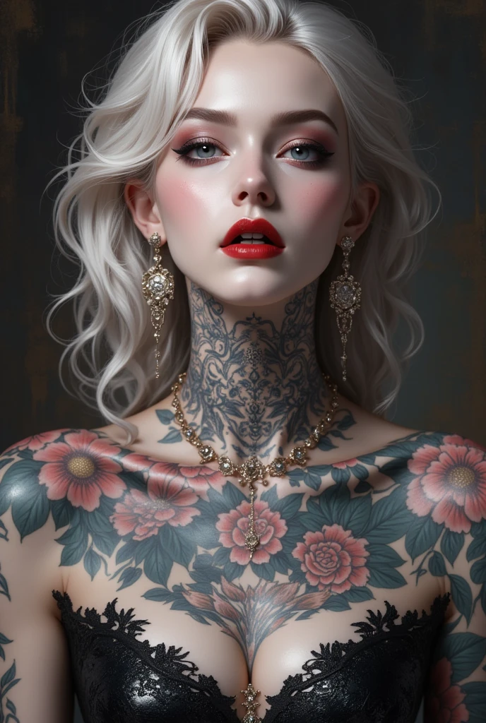 uma mulher vestida com um véu e uma flor no cabelo, roupas de rock, tatuagens and piercings, with tatuagens, tatuado, foto de retrato, tatuado skin, tatuado face, tatuado pinup, tatuagens all over the skin, Glamour colorido do retrato, estilo de tatuagem, tatuado, estúdio de tatuagem foto, tatuagens, tinta de tatuagem, com tatuagem facial, tatuagem, face tatuagens, tatuagem azul e vermelha, ultra realista, streaked hair, blonde hair, hair over shoulder, dashed eyes, seductive smile, red lips, social media composition, dutch angle, Nikon, high quality, UHD, anatomically correct, 8k