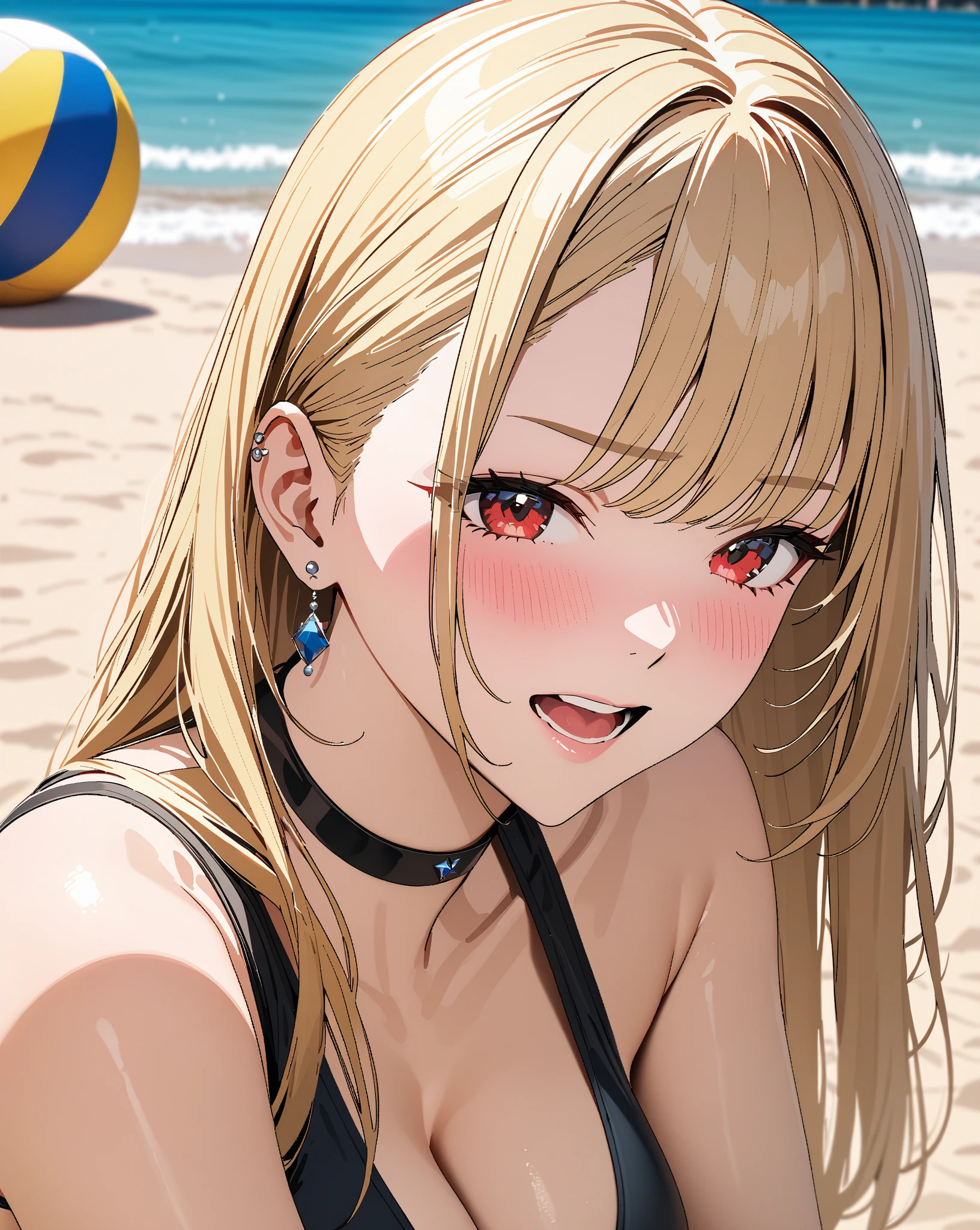 1girl,Eriri blonde hair,blue eyes,sawamura spencer eriri,long hair, small breast, twintails,black ribbon,     High Resolution, Masterpiece, High Quality,  anime screencap,  dynamic angle, takeda hiromitsu style,     tongue , tongue out , pink bikini, cleavage, bikini, close up, background beach, ***ite