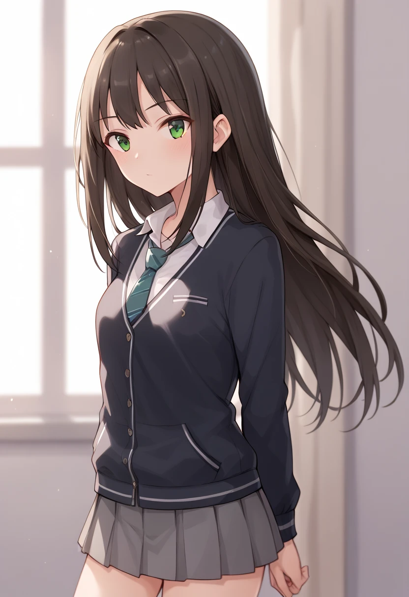 rin shibuya, black hair, long hair, school uniform, green necktie, ブレザー