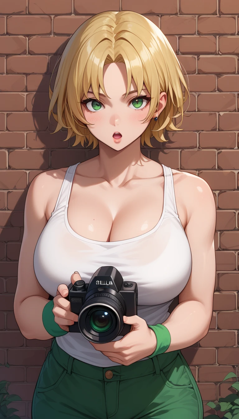 score_9, score_8_up, score_7_up, score_6_up, source_anime, 1girl, solo,  defvla, blonde hair, parted bangs, short hair, white tank top, sleeveless, wristband, cleavage, large breasts, green eyes, holding camera, chestnut mouth, outdoors, night peeking out, upper body, hiding behind brick wall, green pants, upper body, looking at you