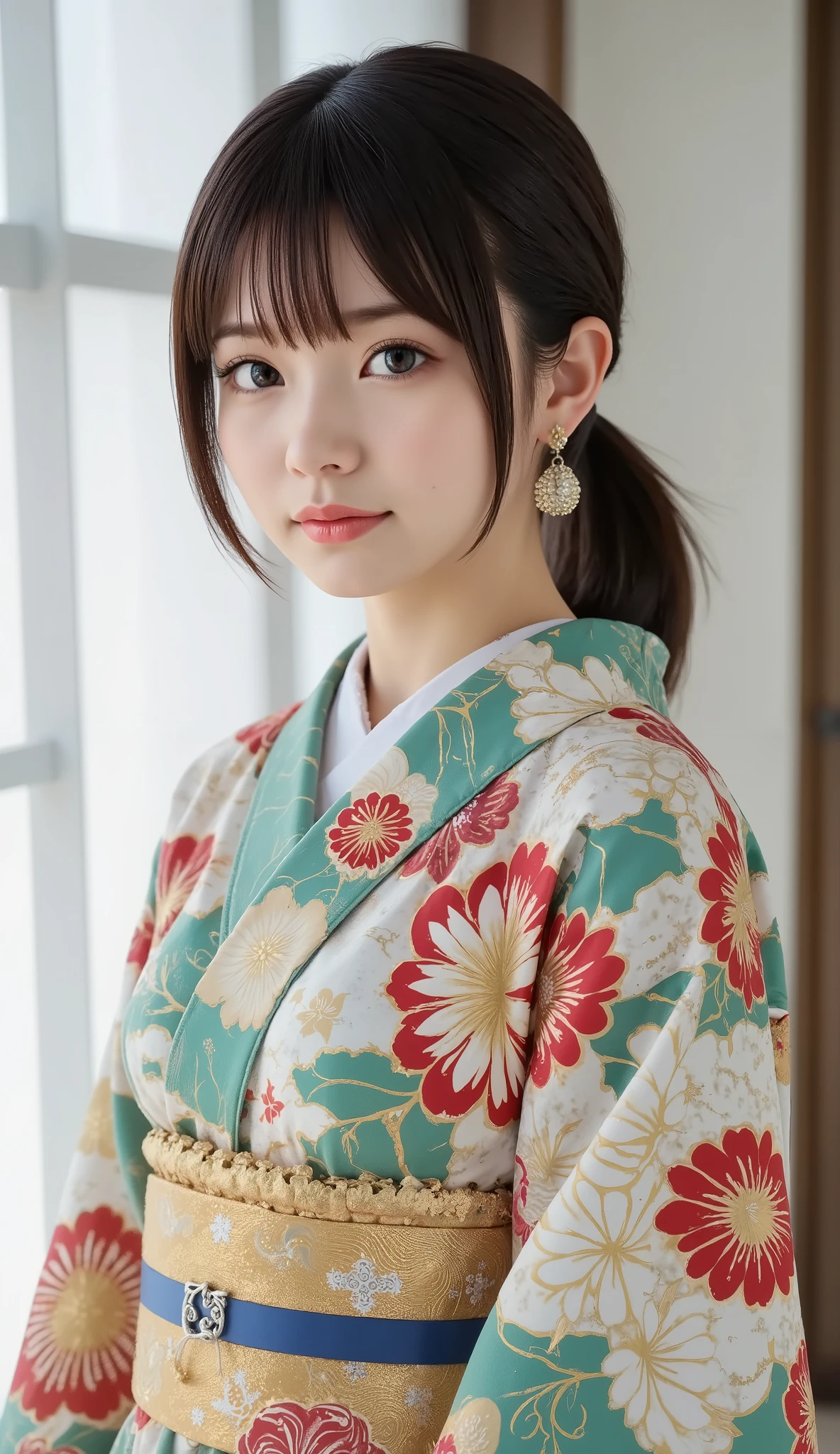 (Japanese anime style:1.4), 8k resolution, masterpiece, top quality, Award-winning works, new year post card, sole girl, (photo of a girl who is wearing Japanese traditional kimono printed on the card:1.4), (title printed which says " happy new year " on the card:1.5), (image of white snake printed on the card:1.4)