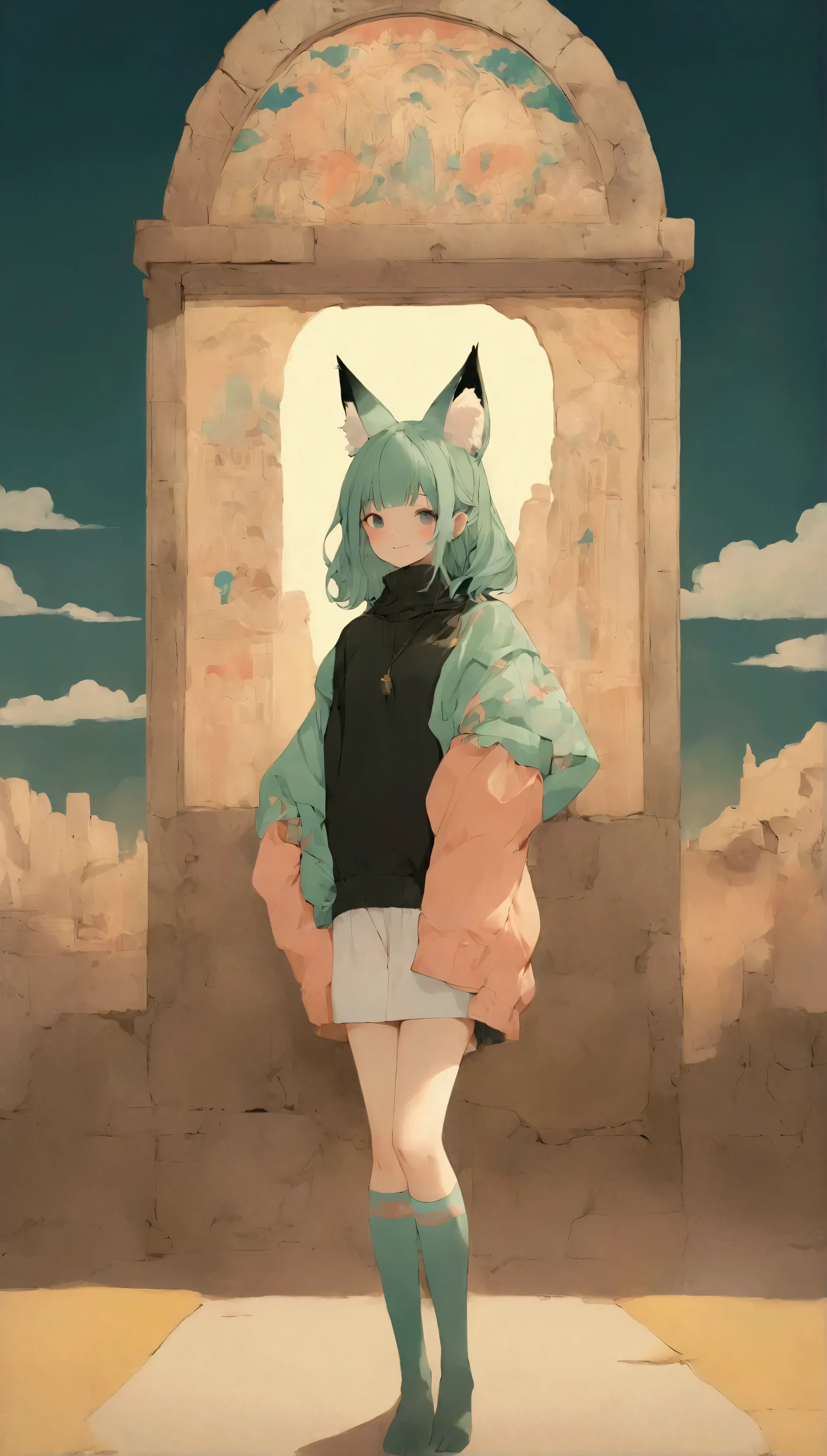 Quite strong deformation、    cute anime girl with small head and body  、    cute fox ear smile    、Bold poses、 Dreamy and cute  、Sickly cute、     simple oversized pullover    、    knee-high socks   、Ancient city background 、Poster Style、flat-colors、    meticulously calculated     、Placed motifs、HIGH QUALITY DESIGN   、    kitschy aesthetics   