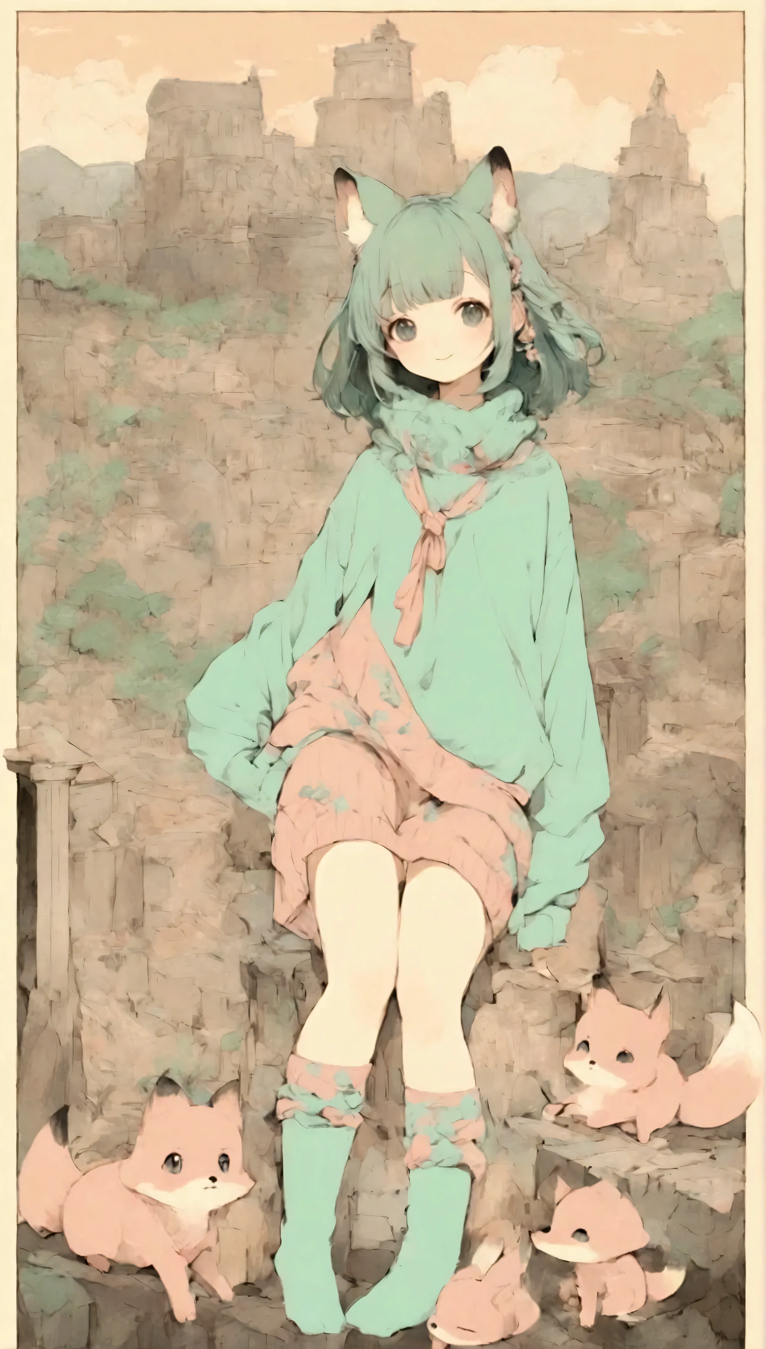 Quite strong deformation、    cute anime girl with small head and body  、    cute fox ear smile    、Bold poses、 Dreamy and cute  、Sickly cute、     simple oversized pullover    、    knee-high socks   、Ancient city background 、Poster Style、flat-colors、    meticulously calculated     、Placed motifs、HIGH QUALITY DESIGN   、    kitschy aesthetics   