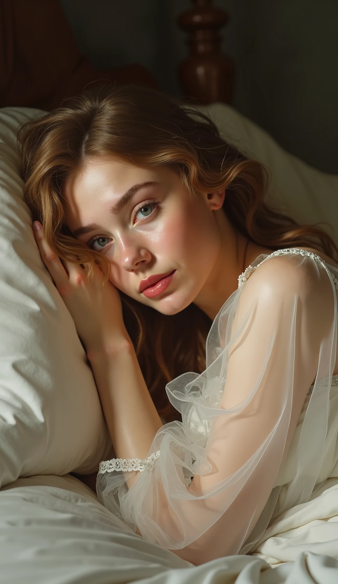 beautiful girl, lying on the bed, side drill, wince, Conceptual art, Northern Renaissance, god rays, from above, UHD, anatomically correct, high quality, 8k