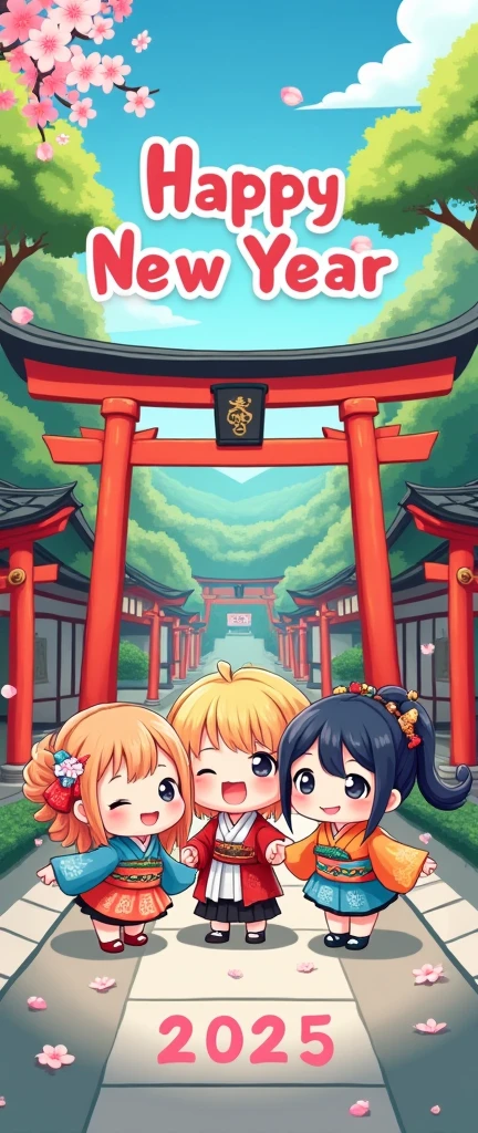 new year poster, text "HAPPY NEW YEAR 2025", anime style, kawaii style, chibi style, Shinto Shrines, 