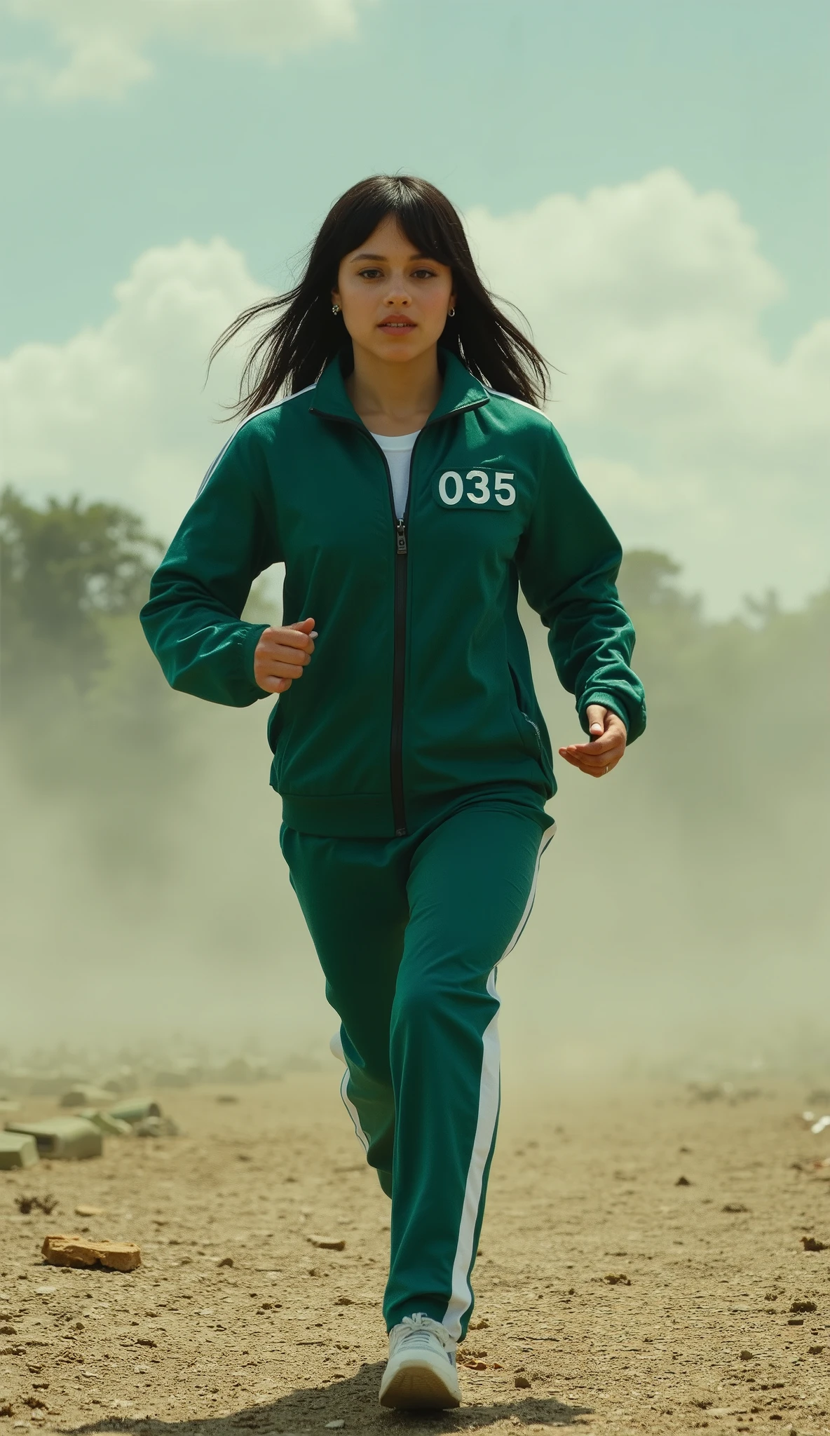 A full-body shot of a woman like jenna ortega running directly toward the viewer in a highly cinematic and intense scene inspired by Squid Game. She is wearing the iconic green tracksuit with only one white stripe on the sleeves and legs. The tracksuit has the number '035' printed in white on the left side of her chest. She has a determined and slightly desperate expression on her face, her hair bouncing as she runs. The background shows a large, eerie open field with a massive, leafless tree at the center, surrounded by flat, cracked earth. Behind her, faintly visible, is the giant robotic doll from the ‘Red Light, Green Light’ game, its cold eyes scanning the field. The lighting is bright yet unsettling, with harsh sunlight casting long shadows, adding to the tension of the scene.