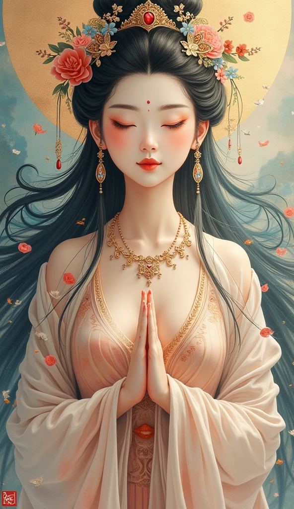 A beautiful oriental goddess、Figure of Compassion 、 A fusion of ink painting and vivid watercolor painting、Jewelry、masterpiece、　