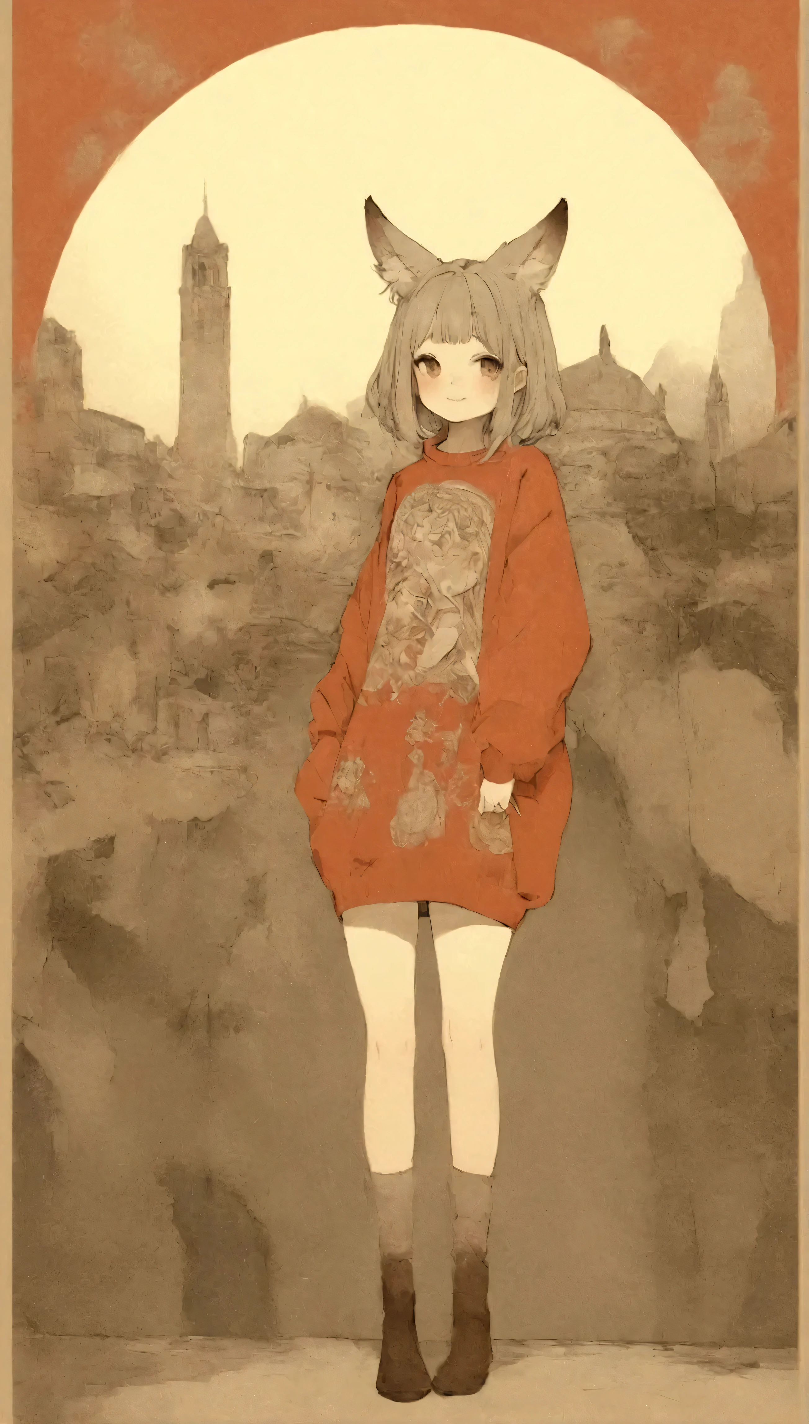 Quite strong deformation、    cute anime girl with small head and body  、    cute fox ear smile    、Bold poses、 Dreamy and cute  、Sickly cute、     simple oversized pullover    、    knee-high socks   、Ancient city background 、Poster Style、flat-colors、    meticulously calculated     、Placed motifs、HIGH QUALITY DESIGN   、    kitschy aesthetics   