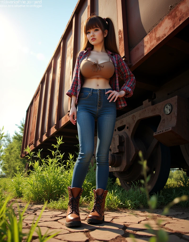 Ultra-realistic, bottom view, Hitomi Tanaka, young woman beside weathered abandoned train car, rusted metal, summer sunlight, long-sleeved plaid shirt over spaghetti-strap crop top, snug jeans, sturdy boots, overgrown landscape, vibrant green weeds, cracked earth, intricate rust patterns, natural golden light, soft shadows,  --ar 16:9 --stylize 750 --v 6