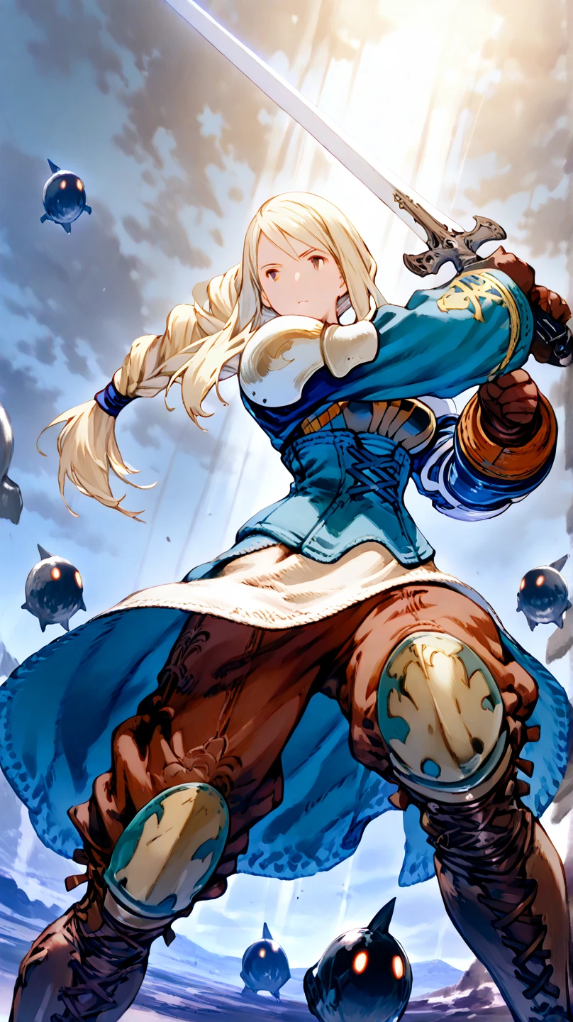 Art by Akihiko Yoshida,, BREAK ,solo,1girl\(Agrias Oaks\(Final Fantasy Tactics\), blonde hair, braided ponytail,brown eyes,shoulder armor, armor, corset,(brown pants:1.3), knee pads, blue dress, brown gloves, pants, cross-laced boots,big breast,dynamic pose,fighting stance,dynamic angle,(holding 1long sword\(devine,european style sword,glowing blue,shining blue\):1.4),surrounded by enemy\(soldier\),dynamic action\), BREAK ,background\(battlefield of europe,soldiers in war),long shot,dynamic angle,very aesthetic, high definition, amazing quality, masterpiece, best quality, very aesthetic, highres, absurdres