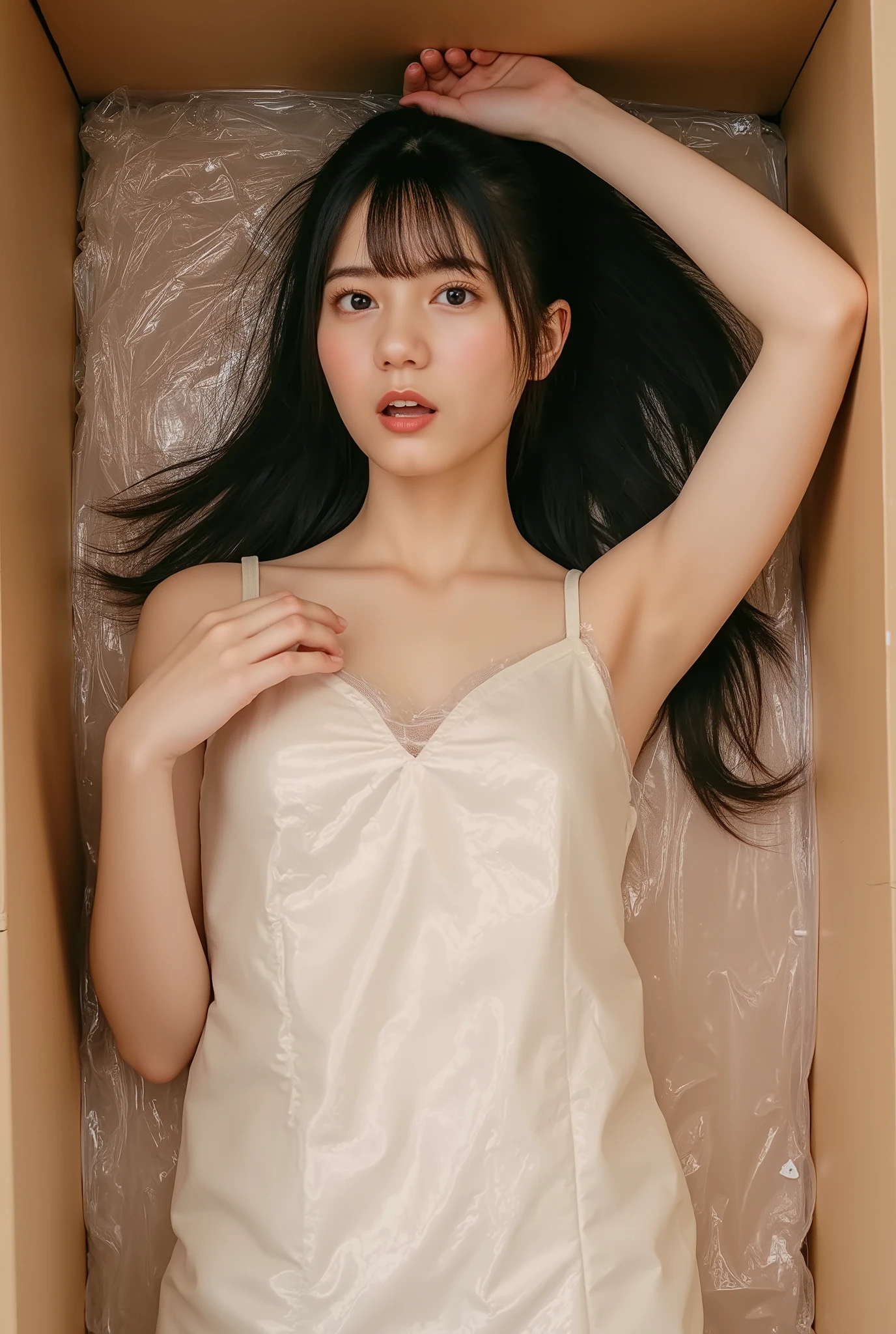 The high resolution photograph of a young Japanese woman, realistic, photo-realistic, masterpiece, best quality, intricate details, extremely detailed, sharp focus, professional lighting, (front view, from above:1.2), solo, 1girl, (fully open mouth, widely open mouth:1.5), (lying on her back without expression on her face, lying face up inside a life-sized cardboard box filled with small foam polystyrene cushioning material, upright posture, a transparent plastic bag all over her whole body, instruction manual in the cardboard box:1.2), glamorous body, small head, straight long black hair with blunt bangs, pale skin, fine-textured skin, shiny skin, natural make-up, large breasts, wearing a sundress, anatomically correct proportions,