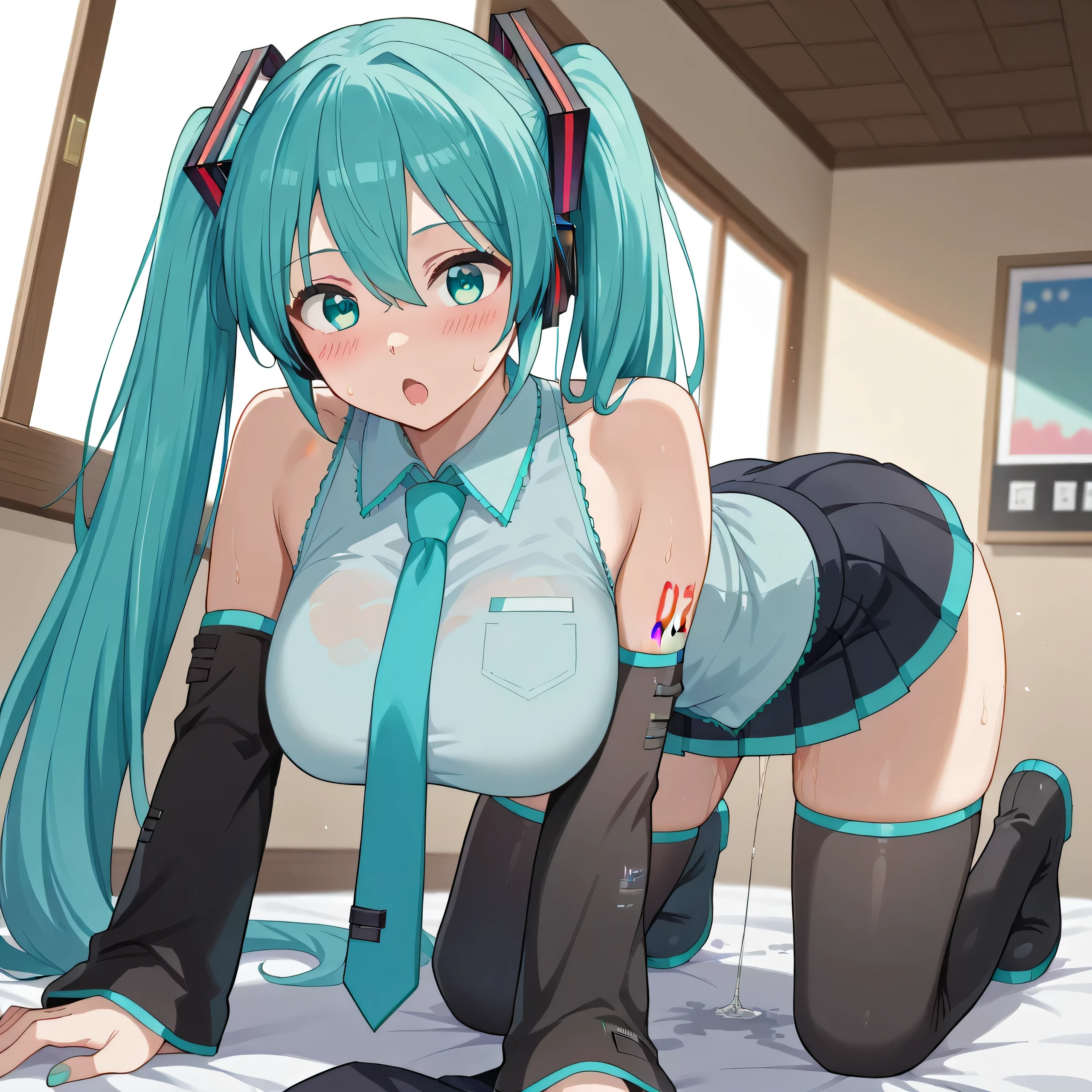 (Highest quality:1.2, Very detailed, Latest, Vibrant, Super detailed, High Contrast, masterpiece:1.2, Highest quality, Best aesthetics), woman, miku hatsune, (shibari;1.3), Ahoge, Aqua Eye, Aqua Hair, Crossed bangs, Hair between the eyes, hair ornaments, Headphones, Long Hair, Twin tails, aqua tie, black skirt, tie, pleated skirt,((nsfw)),(((Super detailed  panties))), ((Super detailed cameltoe)), (((anus))), shirt, skirt, Perfect body line, Skin with attention to detail, cute, Detailed face, (Random Pause), Accurate Fingers, Light effects, Dance Motion, sensational, erotic, Soft lighting,(( Super detailed erectile nipples)),