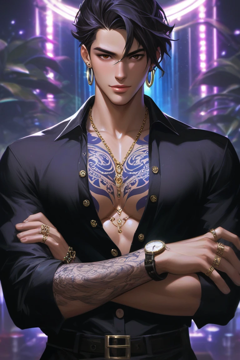 digitally illustrated male standing in a dark luxurious modern kitchen with dim purple lights, wearing a fitted black button-up long sleeve shirt with the top buttons undone, revealing part of their chest and a tattoo on their upper chest. They are adorned with multiple accessories, including several rings on both hands, a bracelet on the left wrist, and a watch on the right wrist. The individual has visible tattoos on both arms, featuring intricate designs, including geometric patterns, text ("Bitch"), and other artistic elements. Their hair is dark, styled in a textured, slightly messy look, and they are wearing small hoop earrings, he has brown eyes and muscles. The lighting in the image is soft, with a cool-toned ambiance, suggesting it might be nighttime. The overall aesthetic is modern and edgy, with a focus on detail and style.