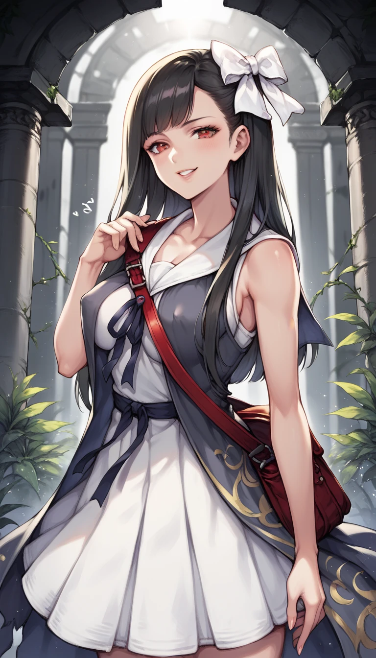 LouiseNR, 1girl, solo, black hair, long hair, bangs, red eyes, white bow, hair bow, lips, pale skin, red bag, sleeveless dress, white dress, dress ornament,  white sailor collar, breast, ribbon, shoulder bag, white footwear,
seductive pose, sexy pose, tease,  in the spotlight,,
smile, ruins,
score_9, score_8_up, score_7_up, beautiful aesthetic, very intricate, high quality details,vibrant, highly detailed, award-winning, professional,anime artwork, anime style, studio anime, athletic, curvy body, athletic girl, perky ,large breast,perfect , round breasts, nipple outline,looking at viewer, pinup pose,teasing, dynamic lighting, cinematic, smug, better than you, aura of temptation, highly detailed, high resolution, masterpiece, detailed clothes, detailed background, highly detailed, ((sound effects)) comic layout,