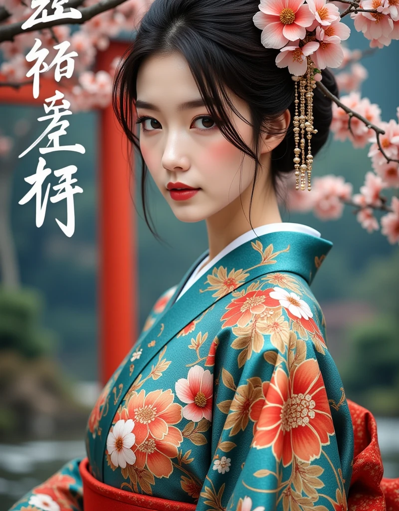 art nouveau, ARW, 
a beautiful japanese woman in a red floral kimono, detailed face and eyes, in an art nouveau style new year poster with beautiful white calligraphy text "happy new year" in the background, with a plum tree and red torii gate, photorealistic, ultra-detailed