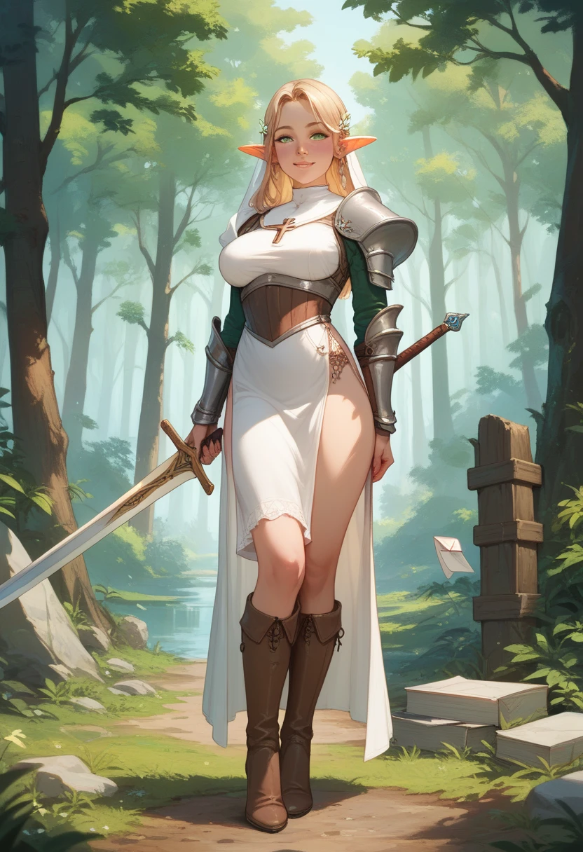 Alone elf, Female elf, fantasy race, large breasts, white bikini, mage woman, blond hair, white mage hat, white high boots, standing