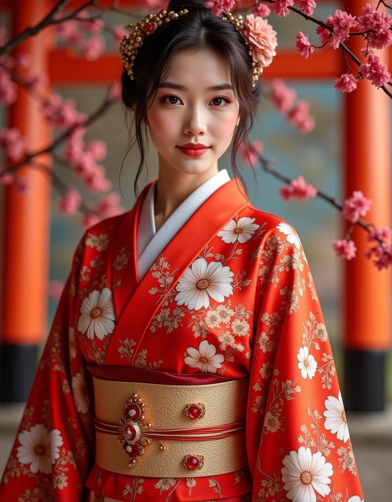 A beautiful young woman in a red floral kimono, detailed facial features, detailed eyes and lips, surrounded by plum blossoms and a red wooden torii gate, in the Art Nouveau style as seen in the works of Alphonse Mucha, with the text "Happy New Year! 2025" in white calligraphy on a white background, photorealistic, cinematic lighting, ultra-detailed