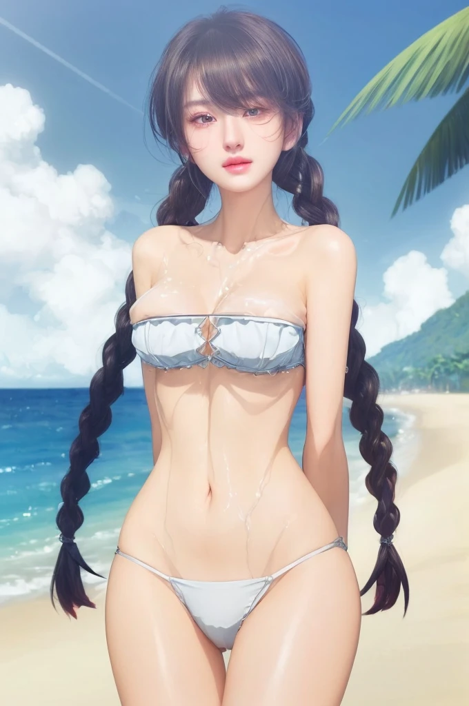 ((Masterpiece)), ((top quality)), milkyway,  lake,  starry sky, moon, moonlight,  (a woman bathing in water),  beautiful woman, (26 years old),  (attractive waist circumference), (attractive thigh), ((wet skin)), (wet hair), (tied hair) perfect anatomy, ((big ass)), ((very small breasts:1.4)), medium black hair, (extacy), blush, red lip,  high-cut, skimpy, supple body, outstanding proportions, necklace, accessories, full body, ((1girl)),  (abs),((pecs)), (muscle), (detailed face), ((detailed beautiful eyes)), (big eyes) ,(pubic hair), (showing ampits), crotch bulge,