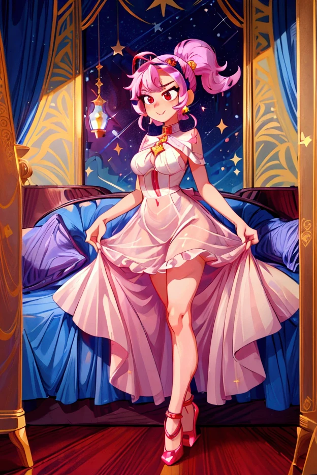 A pink haired woman with  violet eyes and an hourglass figure  in a ballgown is smiling in a flurry of peony petals. 