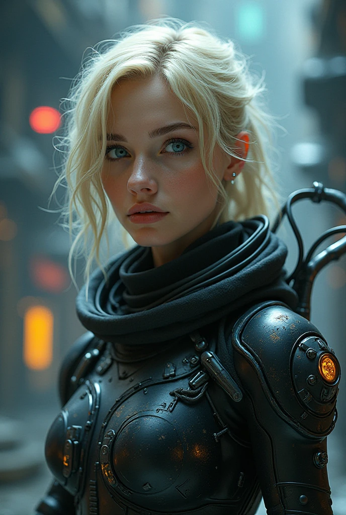 Alien biomechanist ,, Blonde, Blue Eyes, Masterpiece , charming in stealth suit , Watch the viewer