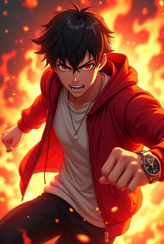A anime charecter (Red colour hoodie) (with white T-shirt) (red colour Eyes)( age 20) (Rolex watchin hand ) (black pants) (red fire Aura in character outline ) (action mod) (angry face) (hair colour red and black)(fire power punch)
