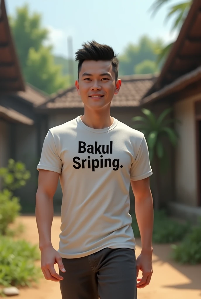 Indonesian man 30 old year with short hair, walking in the village background, name BAKUL SRIPING on t shirt, karikatur super realistis foto 3D