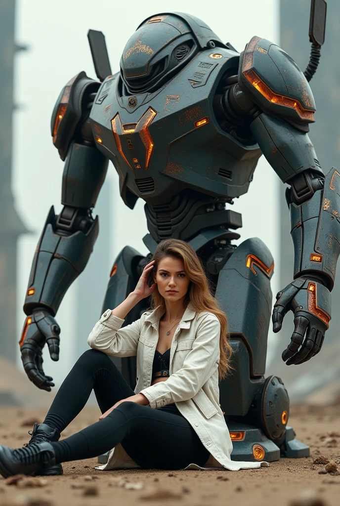 One with long brown hair, brown eyes and a white tank top and black pants with black boots holding a black coat with black glasses on her head with a silver cross necklace With a white transformers robot protecting her much higher up