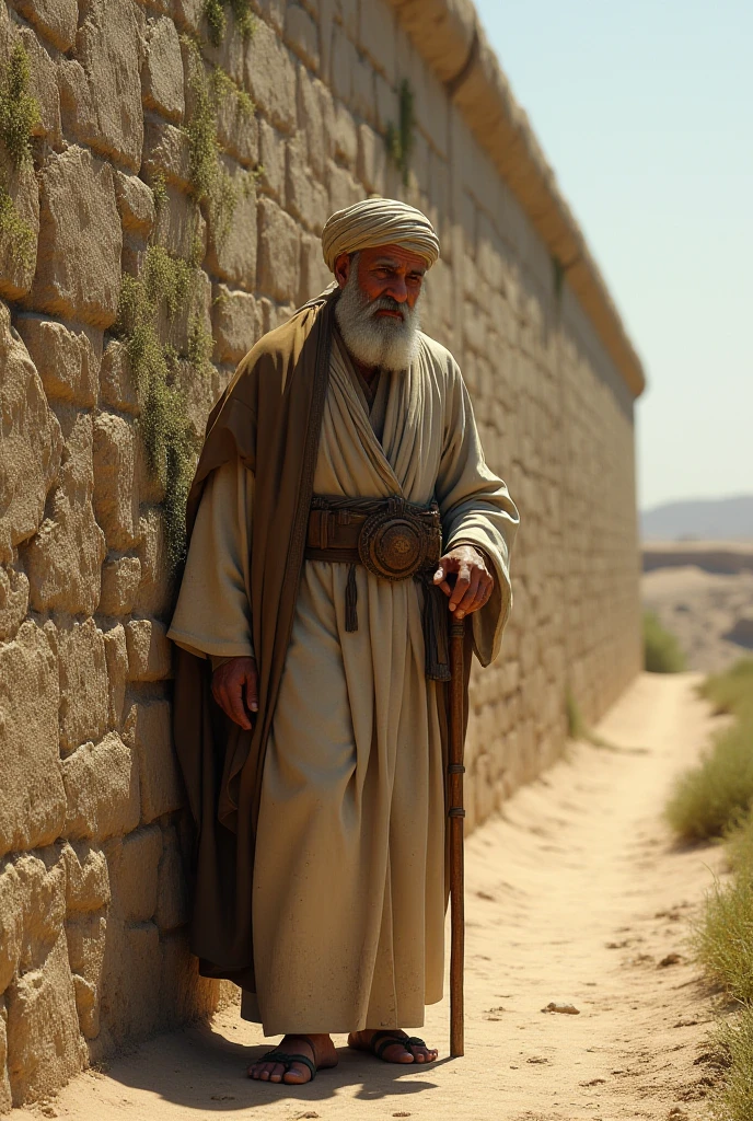 Realistic photograph of a wise old man, beard and mustache long and white, expression aged, in biblical garments, in sandals, with a staff, walking slowly through a village of the time of Jesus. --auto --s2