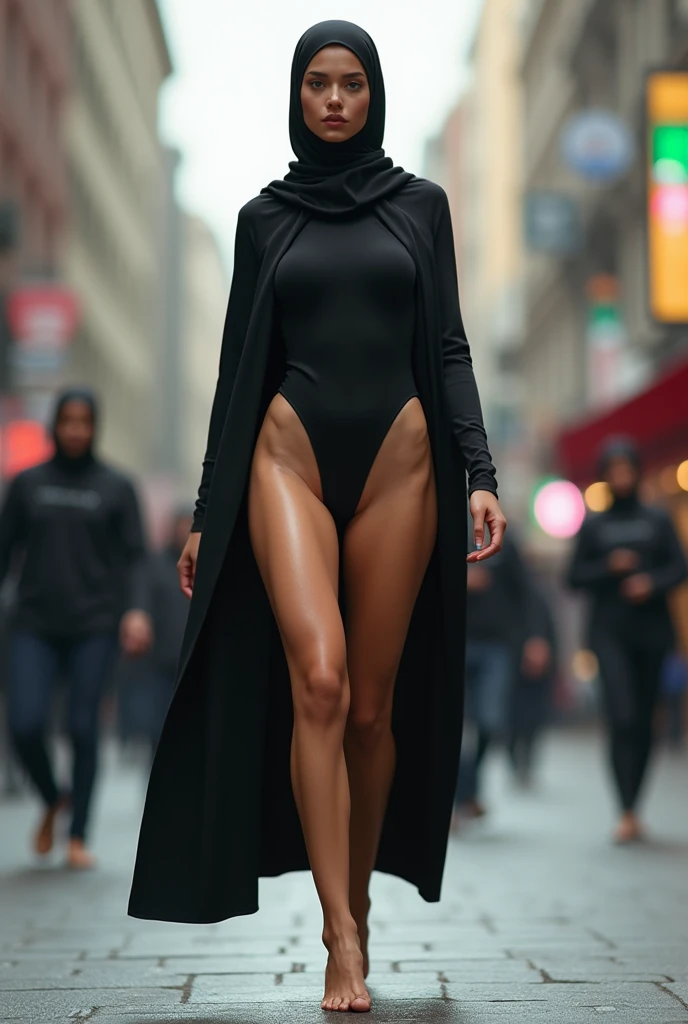 1 reife Frau, Afro-Amerikanerin, 30 Jahre alt, Tyra Banks, wildes Lockiges schwarzes Haar, Blick auf den Betrachter, luxurious fashionable fur coat, Hermelin-Pelzmantel mit tiefem Ausschnitt, tiefer Ausschnitt, perfect sensual body, tall body, gorgeous naked breasts, walks completely naked on 5th Avenue, Flirten mit der Kamera, Neonlicht