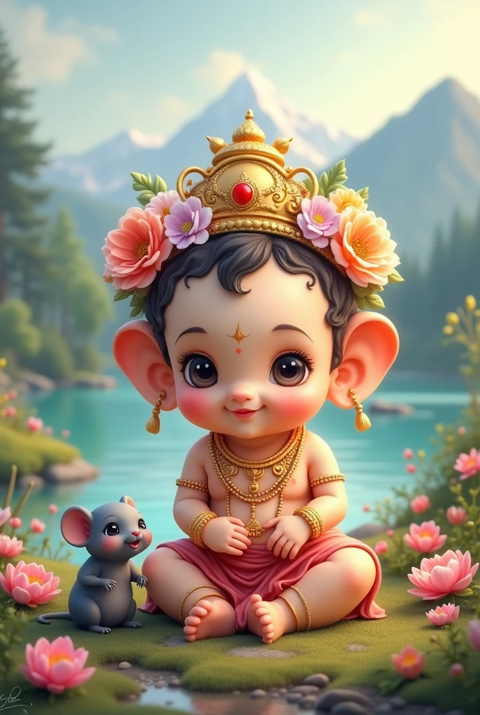 The beautiful child Ganesha has two legs, two arms, eyelashes and a mouse.