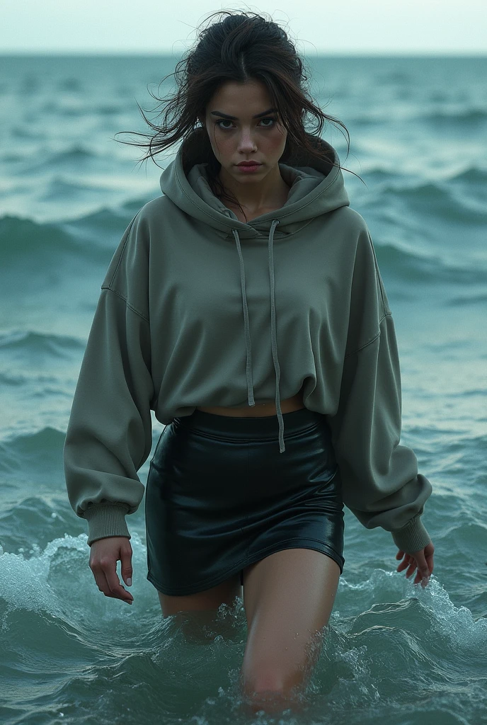  woman,  long hair, black_hair, bangs,, dark brown eyes, black crop jacket, big breast, t-shirt with wave pattern , black sweatpants,round glasses,standing, 
