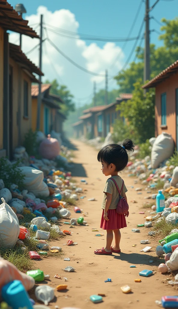 thirteen years old girl collecting trash in a container